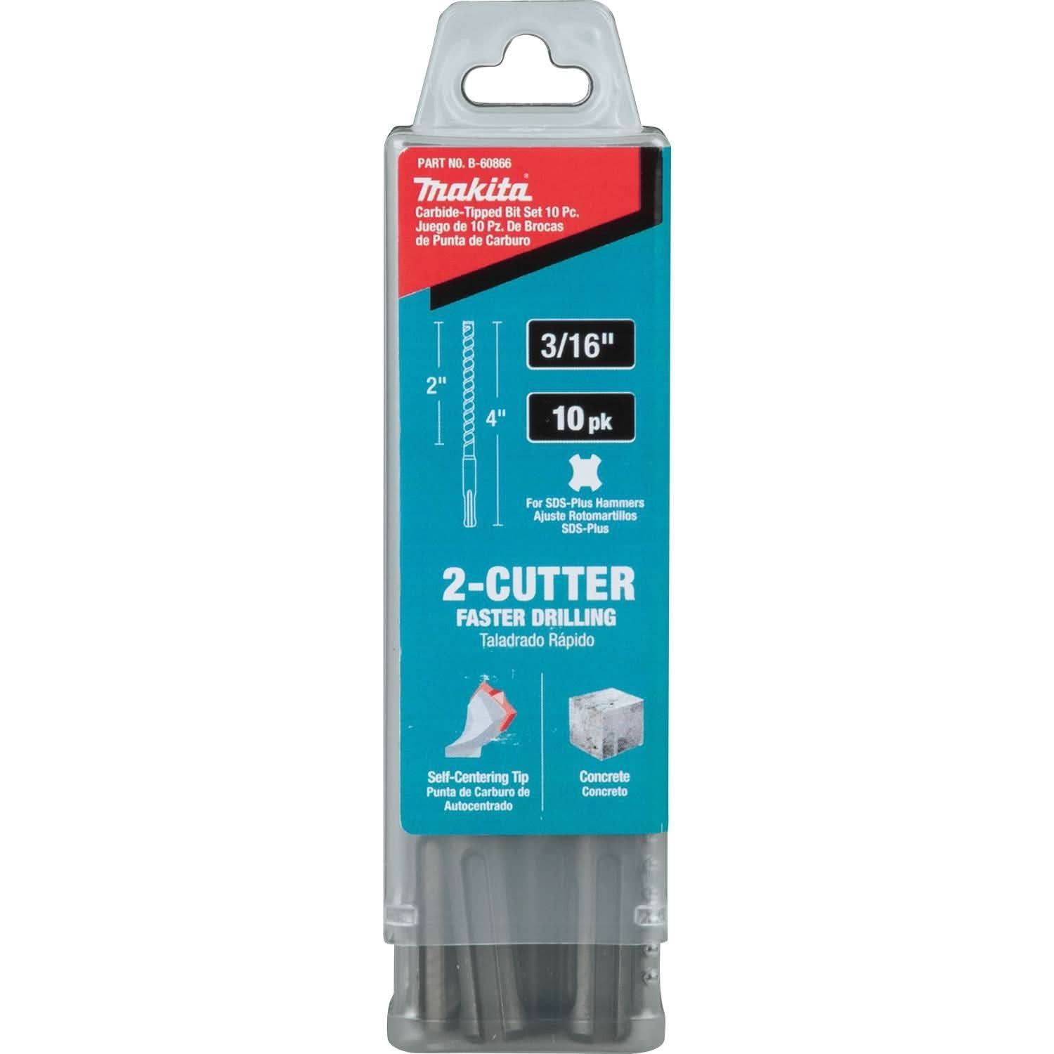 Makita B-60866 3/16" x 4" SDS-PLUS Bit, 2-Cutter, 10/pk