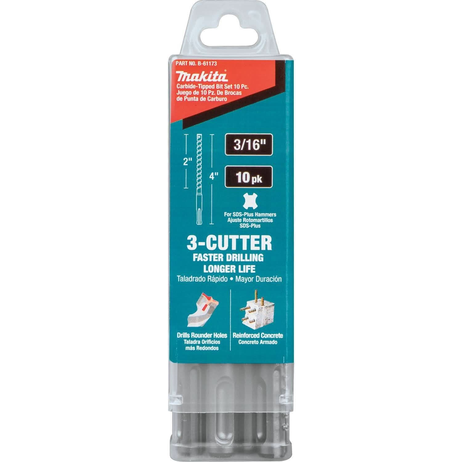 Makita B-61173 3/16" x 4" SDS-PLUS Bit, 3-Cutter, 10/pk