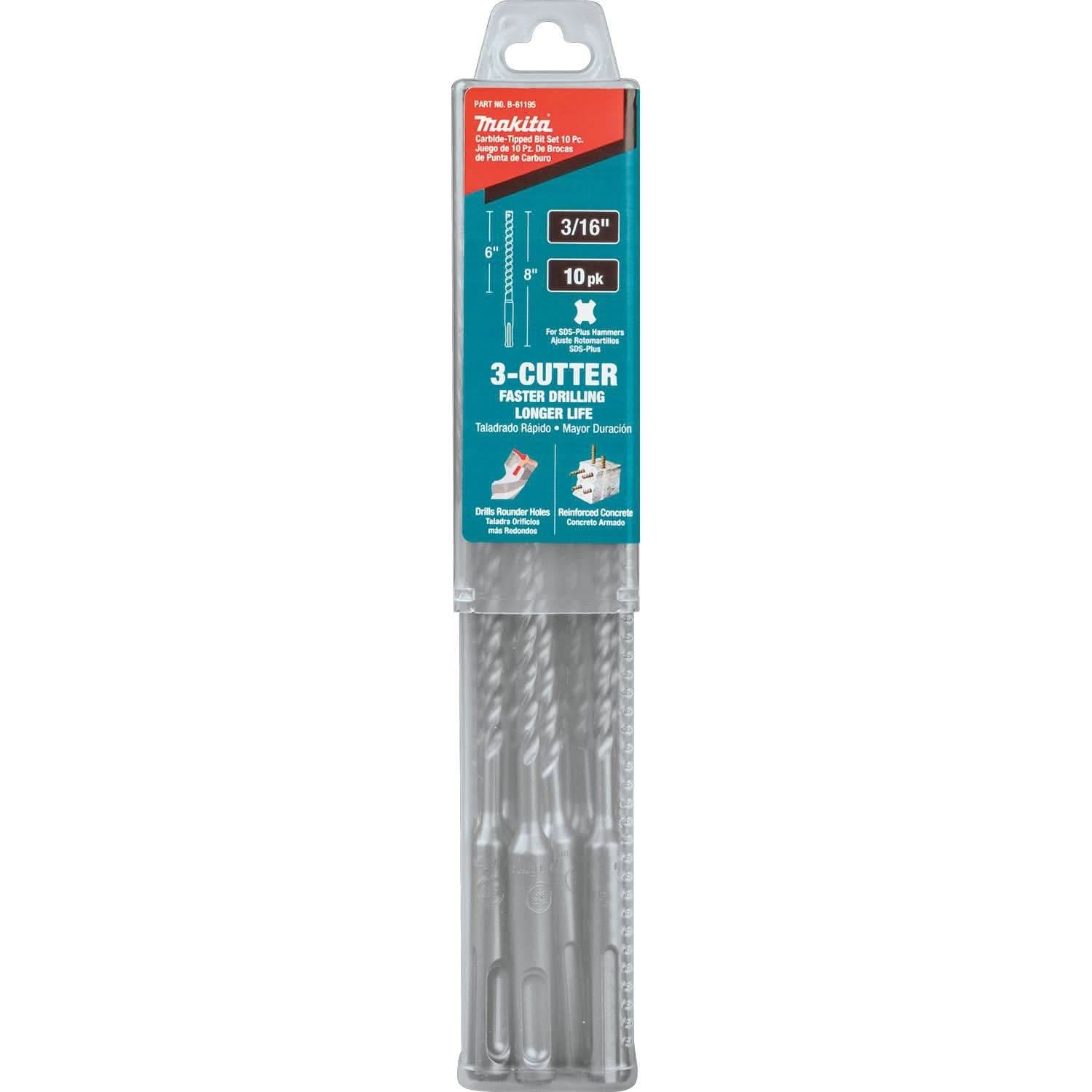 Makita B-61195 3/16" x 8" SDS-PLUS Bit, 3-Cutter, 10/pk