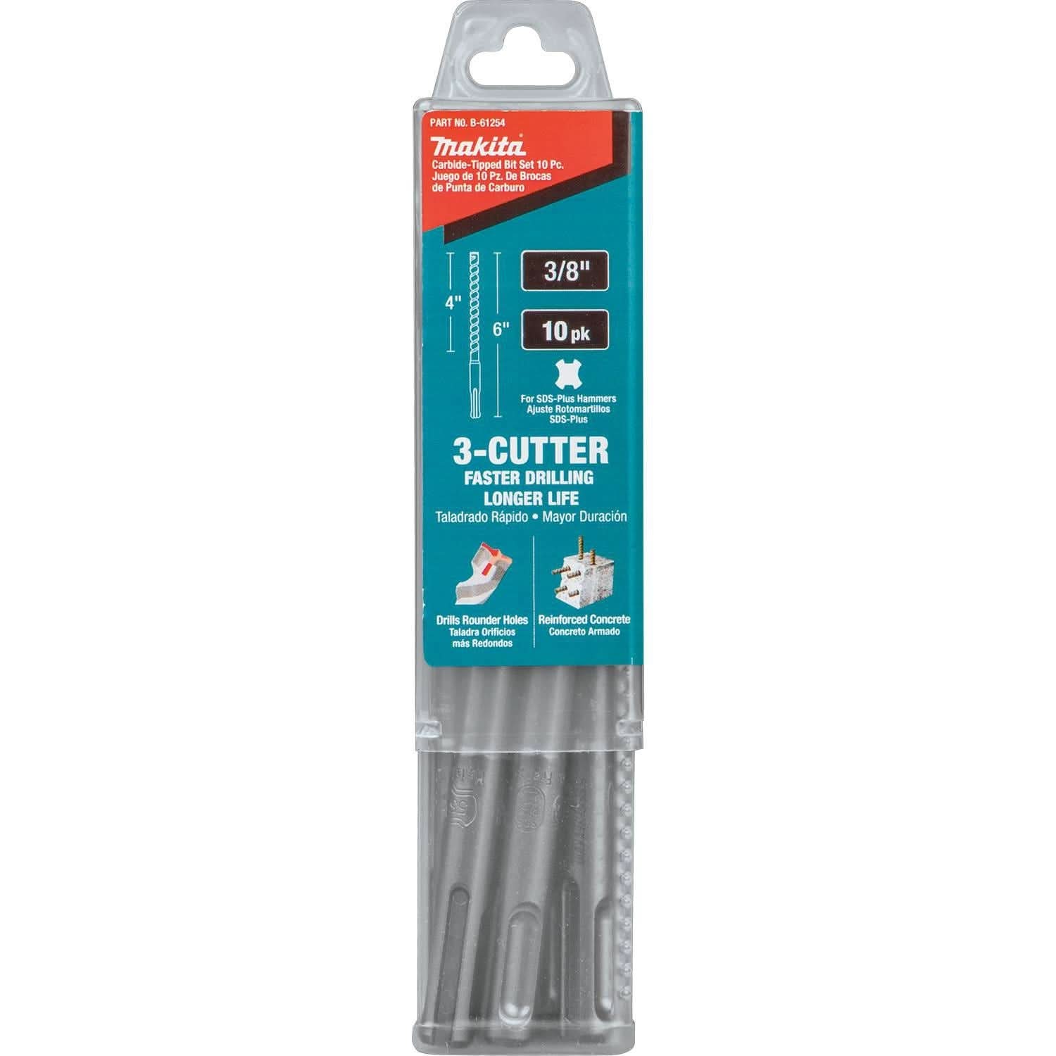 Makita B-61254 3/8" x 6" SDS-PLUS Bit, 3-Cutter, 10/pk
