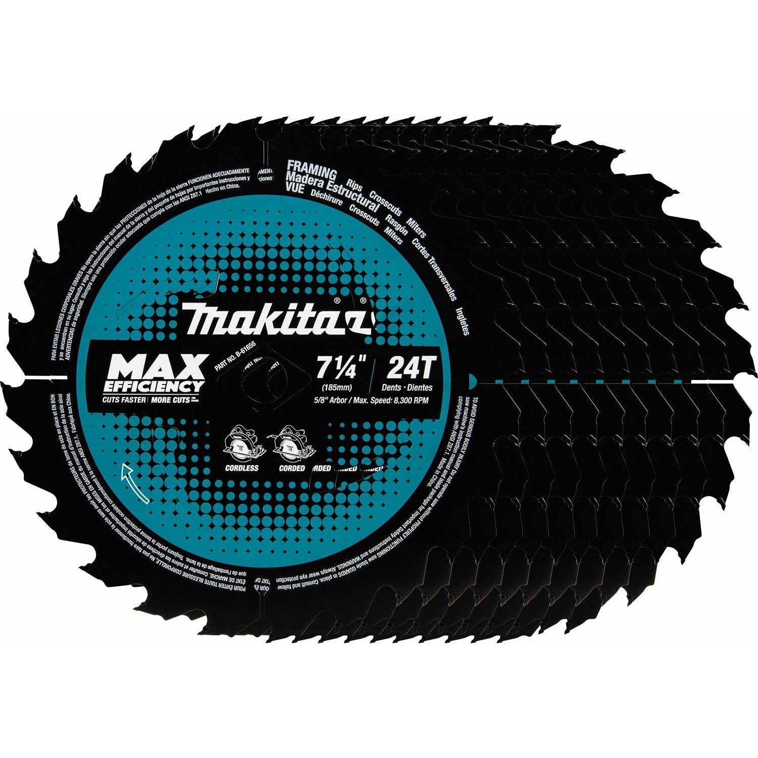 Makita B-61656-10 7-1/4" 24T Carbide-Tipped Max Efficiency Circular Saw Blade, Framing, 10/pk