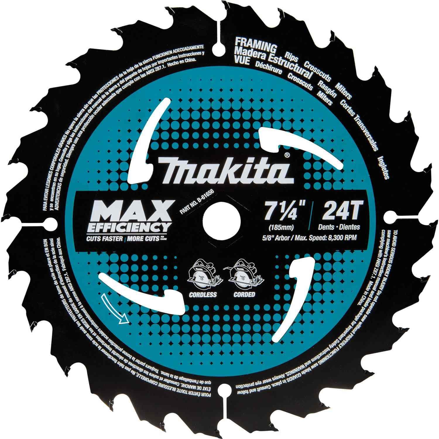 Makita B-61656-10 7-1/4" 24T Carbide-Tipped Max Efficiency Circular Saw Blade, Framing, 10/pk