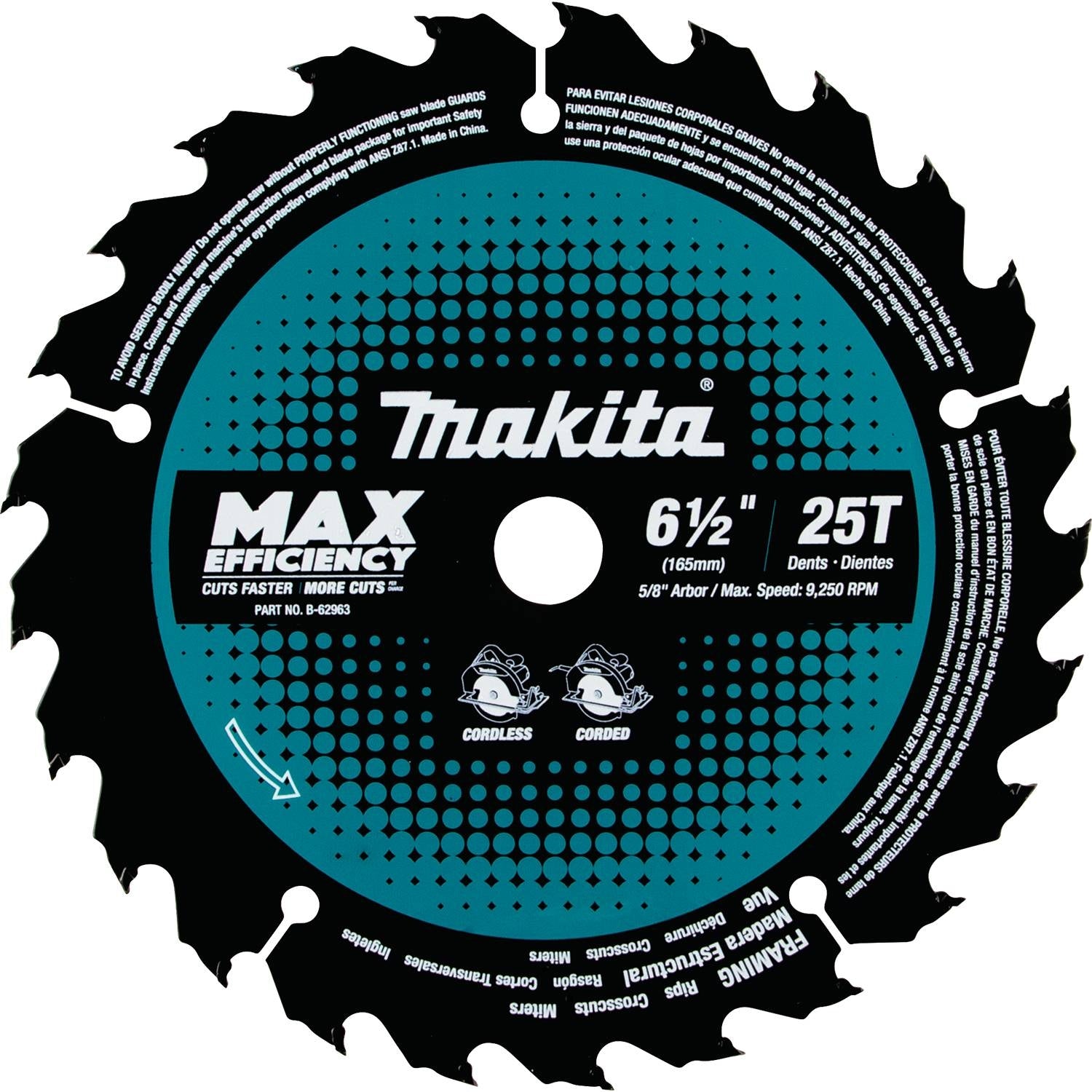 Makita B-62963 6-1/2" 25T Carbide-Tipped Max Efficiency Circular Saw Blade, Framing