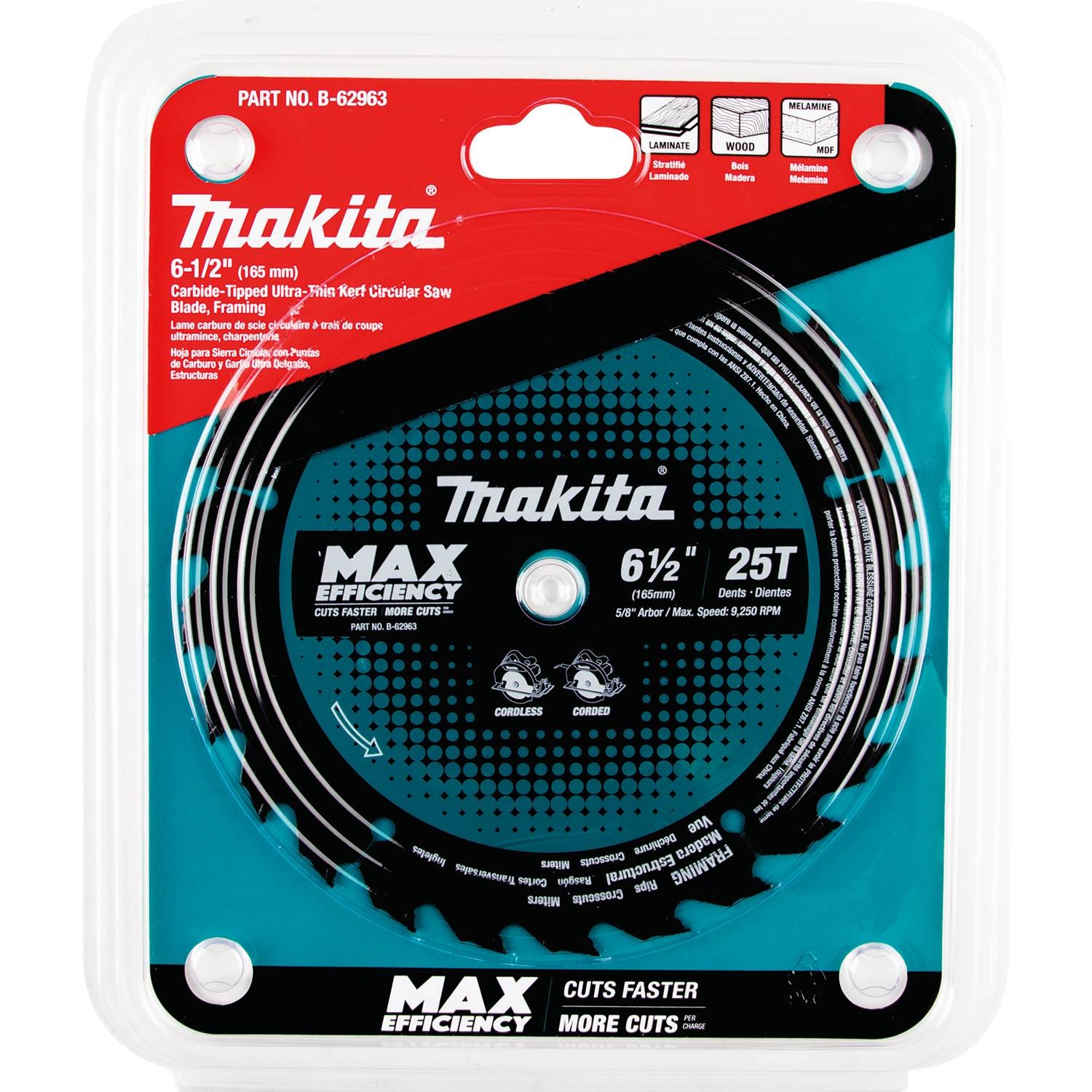 Makita B-62963 6-1/2" 25T Carbide-Tipped Max Efficiency Circular Saw Blade, Framing
