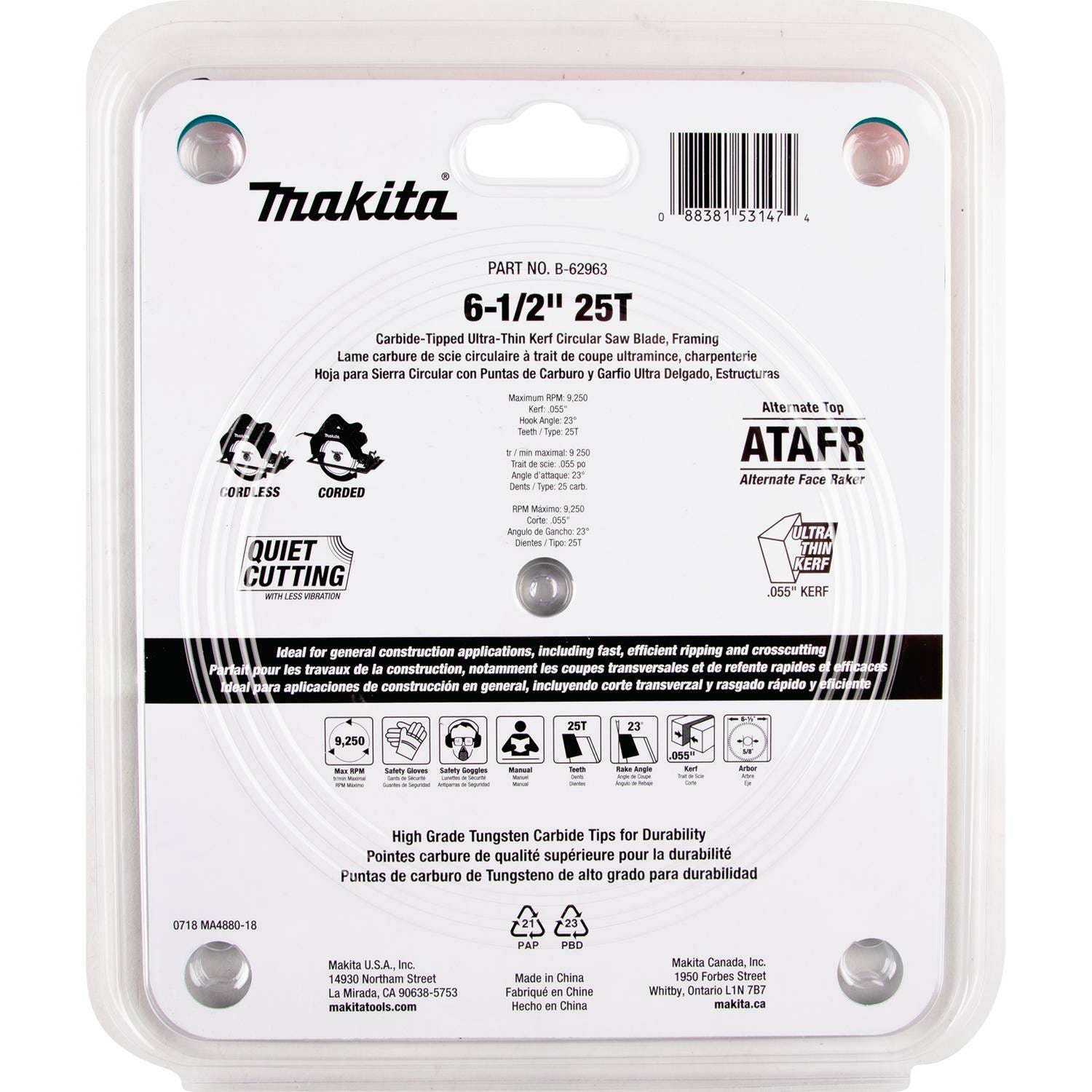 Makita B-62963 6-1/2" 25T Carbide-Tipped Max Efficiency Circular Saw Blade, Framing