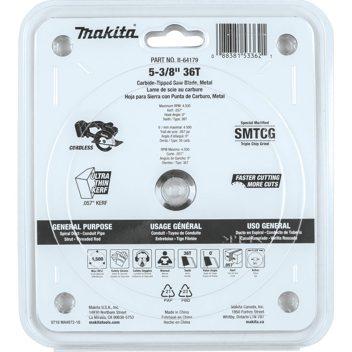 Makita B-64179 5-3/8" 36T Carbide-Tipped Saw Blade, Metal