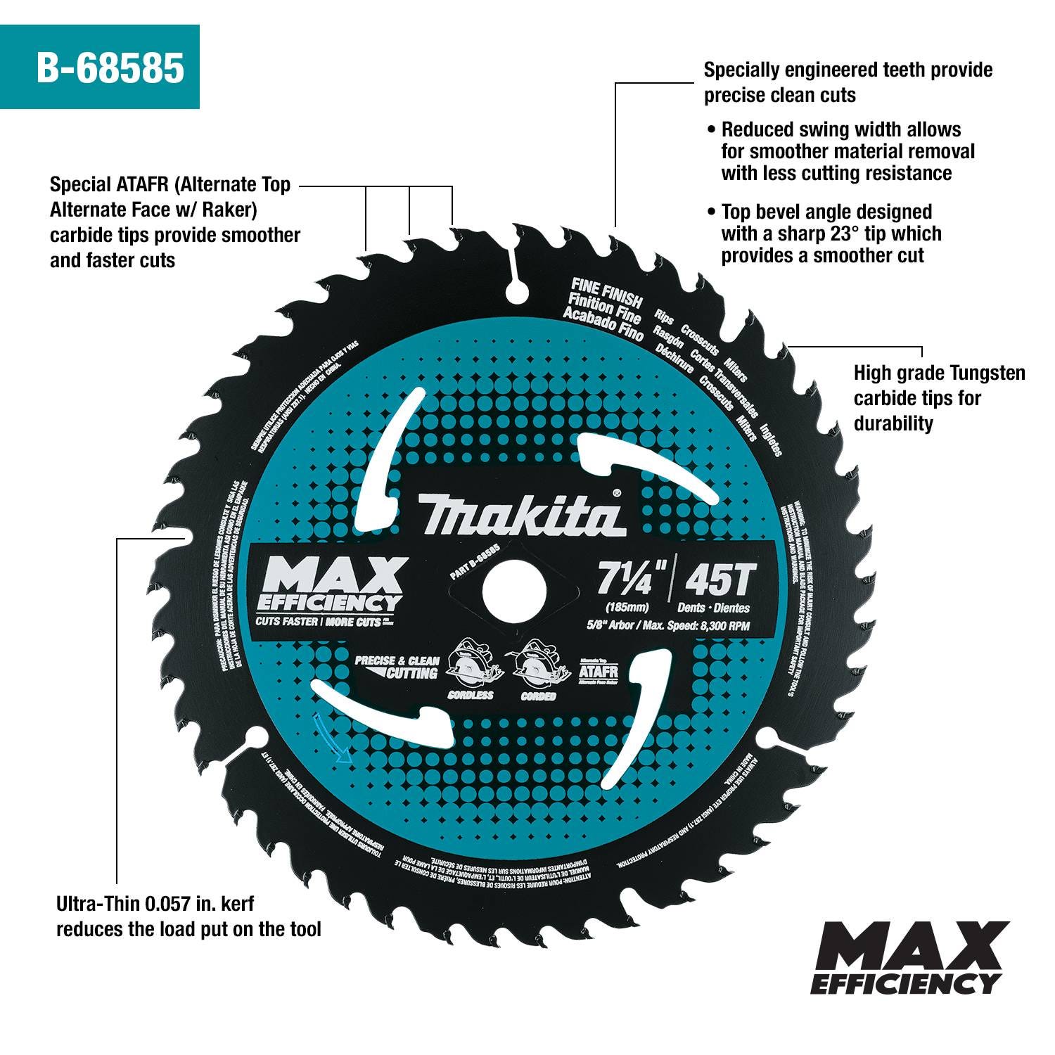 Makita B-68585 7-1/4" 45T Carbide-Tipped Max Efficiency Saw Blade, Fine Crosscutting