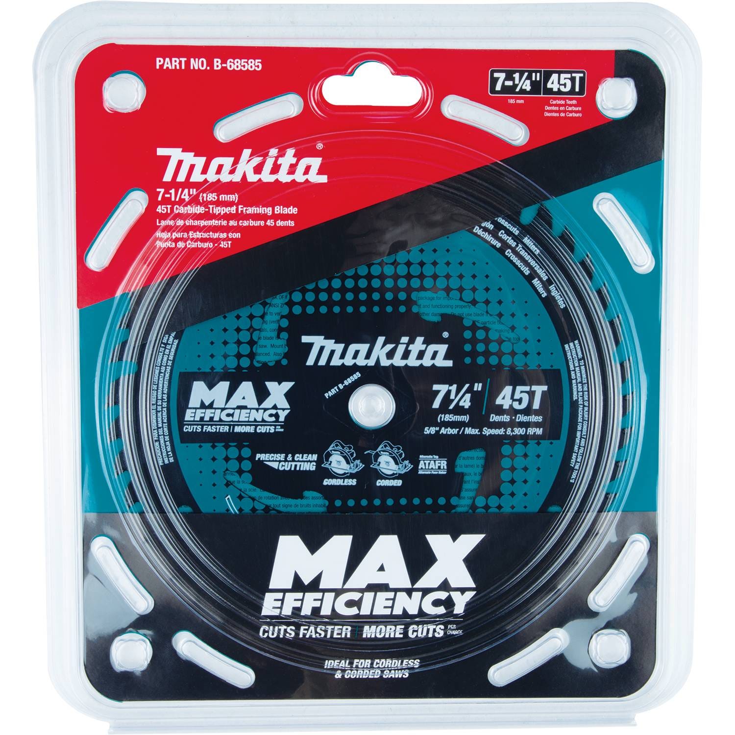 Makita B-68585 7-1/4" 45T Carbide-Tipped Max Efficiency Saw Blade, Fine Crosscutting