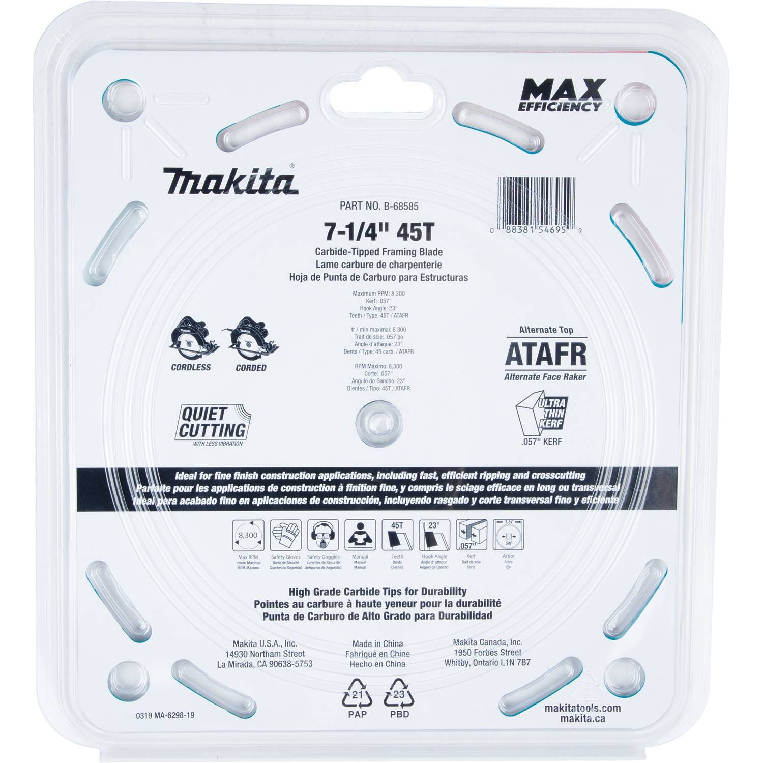 Makita B-68585 7-1/4" 45T Carbide-Tipped Max Efficiency Saw Blade, Fine Crosscutting