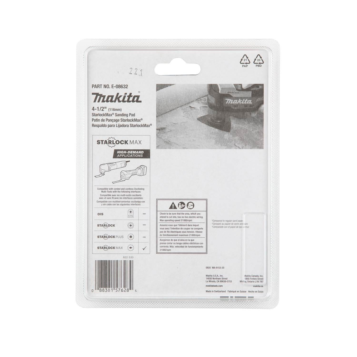 Makita E-08632 StarlockMax Oscillating Multi-Tool 4-1/2" Tungsten Carbide 20 Grit Delta Triangle Sanding Pad