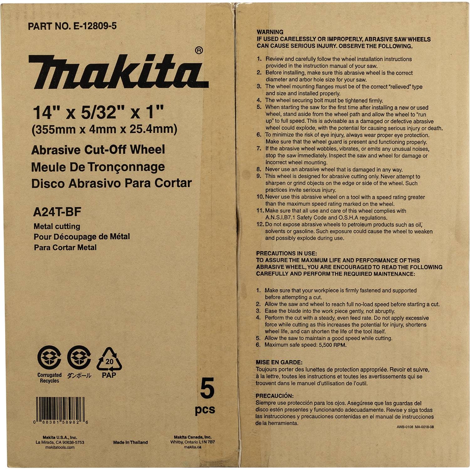 Makita E-12809-5 14" x 5/32" x 1" Abrasive Cut"‘Off Wheel, 5/pk