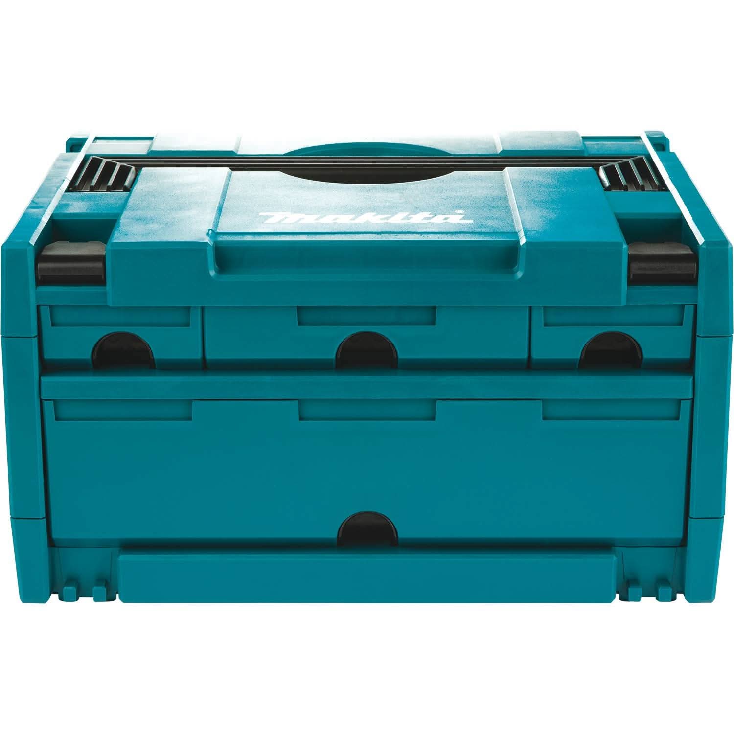 Makita MAKPAC 5 Drawer Interlocking Case, 12-1/2" x 15-1/2" x 11-5/8" plus MAKPAC 4 Drawer Interlocking Case, 8-1/2" x 15-1/2" x 11-5/8" and MAKPAC 12 Drawer Interlocking Case, 8-1/2" x 15-1/2" x 11-5/8"