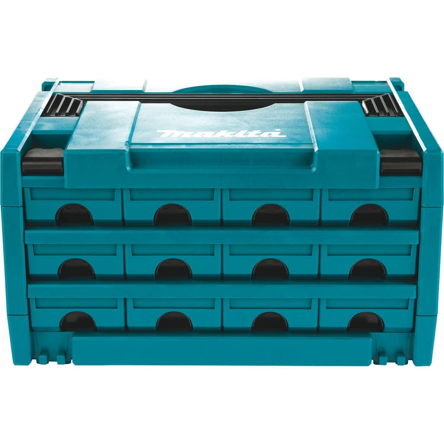 Makita MAKPAC 5 Drawer Interlocking Case, 12-1/2" x 15-1/2" x 11-5/8" plus MAKPAC 4 Drawer Interlocking Case, 8-1/2" x 15-1/2" x 11-5/8" and MAKPAC 12 Drawer Interlocking Case, 8-1/2" x 15-1/2" x 11-5/8"