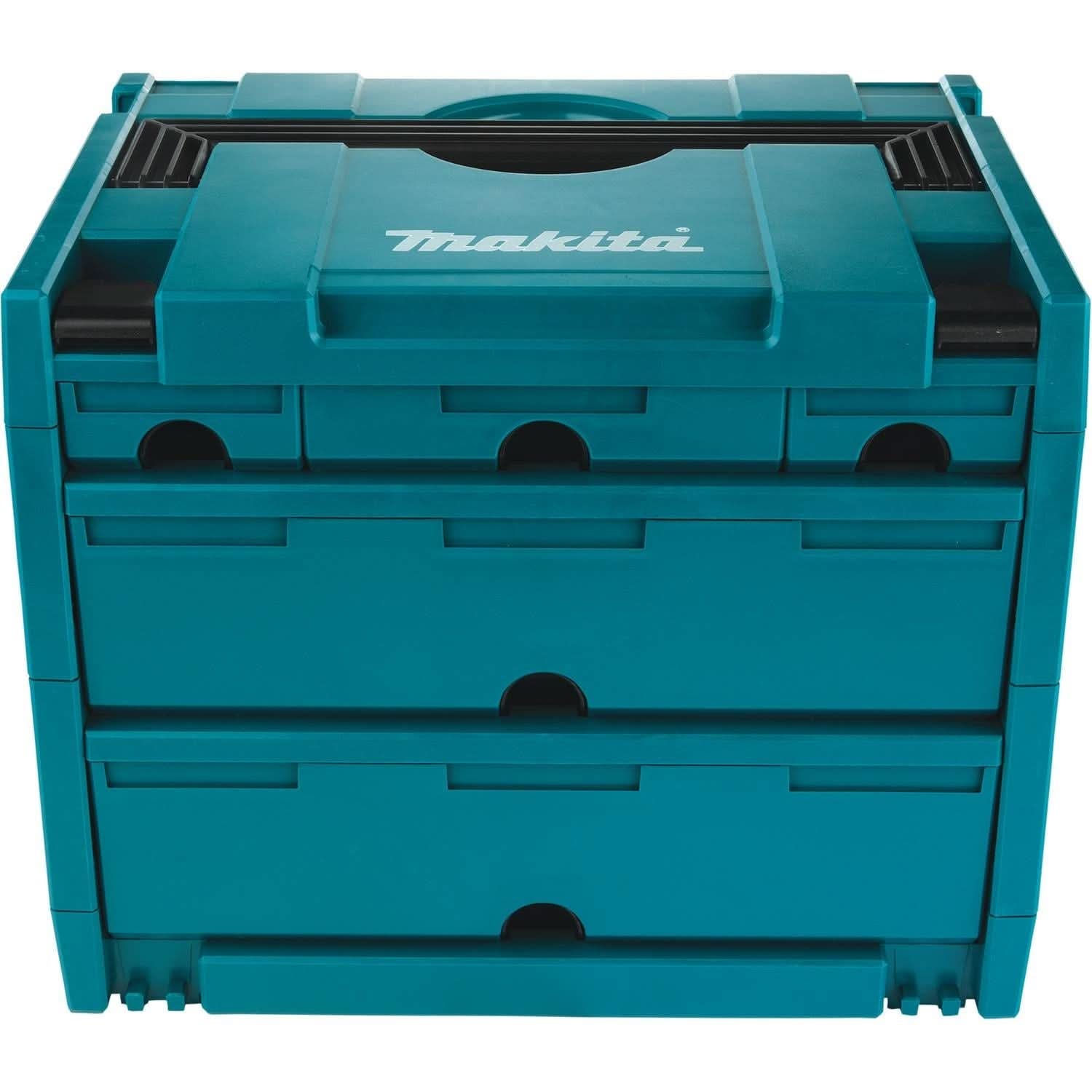 Makita MAKPAC 5 Drawer Interlocking Case, 12-1/2" x 15-1/2" x 11-5/8" plus MAKPAC 4 Drawer Interlocking Case, 8-1/2" x 15-1/2" x 11-5/8" and MAKPAC 12 Drawer Interlocking Case, 8-1/2" x 15-1/2" x 11-5/8"