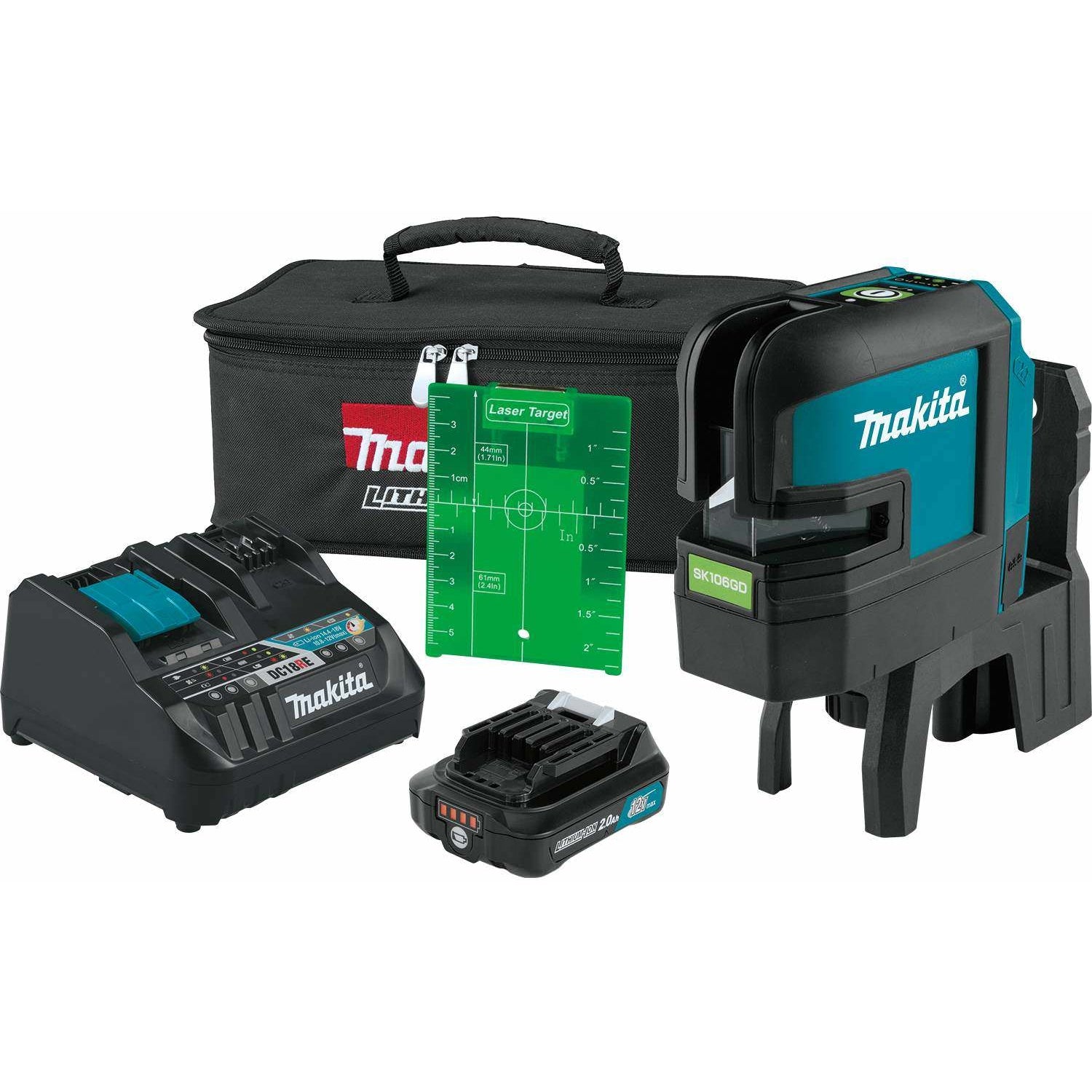 Makita SK106GDNAX 12V max CXT Lithium-Ion Cordless Self-Leveling Cross-Line/4-Point Green Beam Laser Kit (2.0Ah)