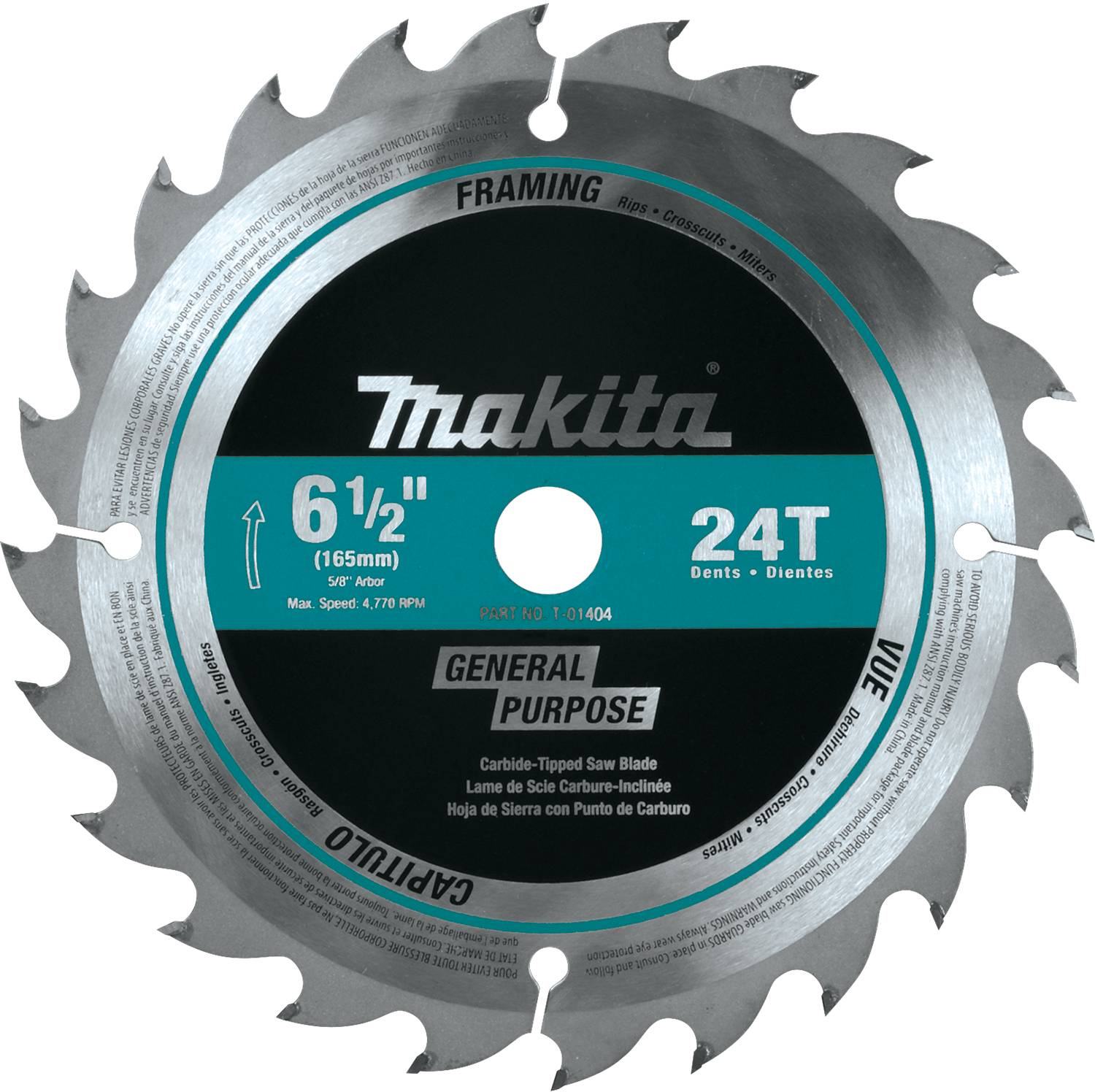 Makita T-01404 6-1/2" 24T Carbide-Tipped Circular Saw Blade, Framing