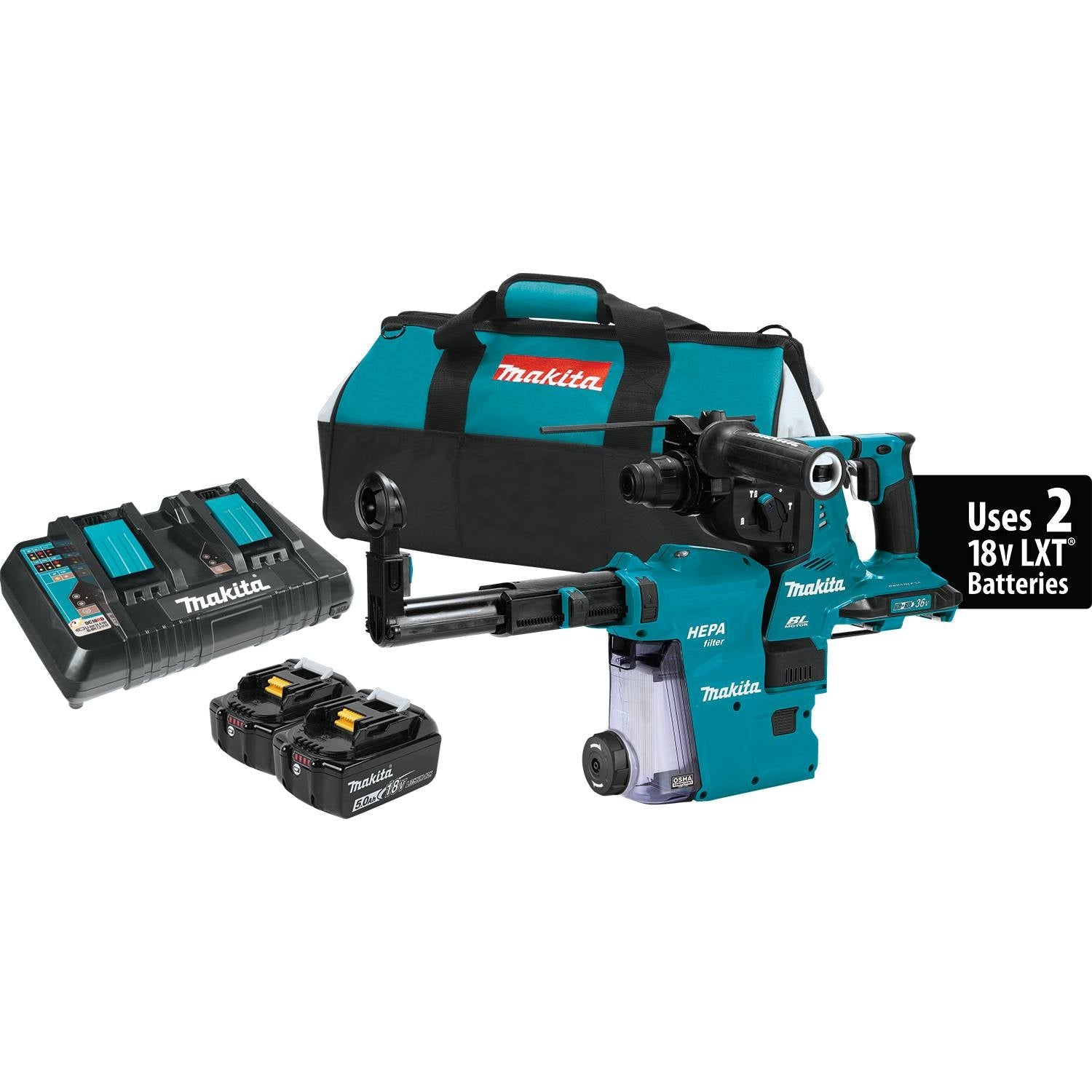 Makita XRH08PTW 18V X2 LXT (36V) Brushless 1-1/8" AVT SDS-PLUS Rotary Hammer 5.0Ah Kit w/ HEPA Dust Extractor