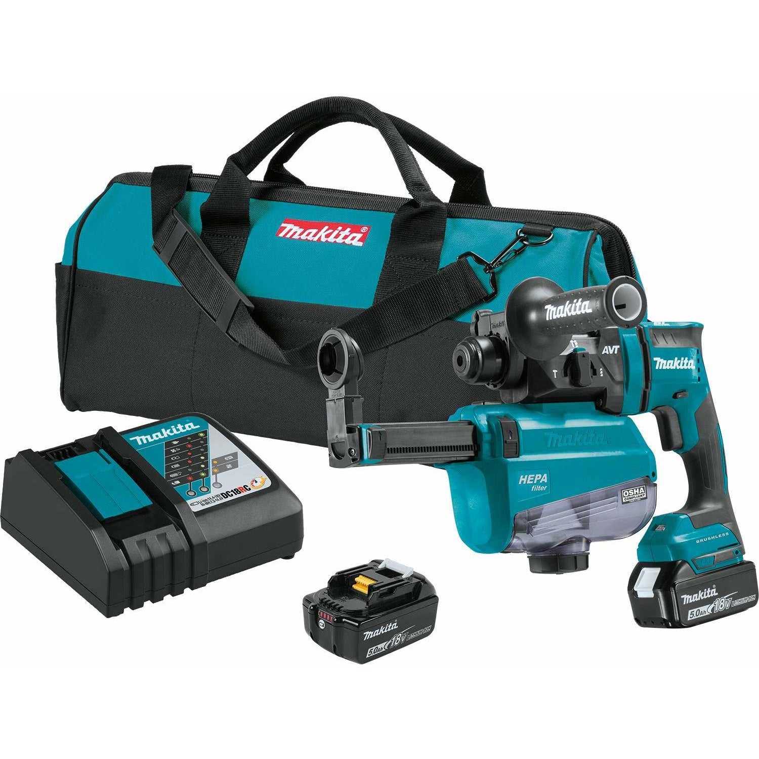 Makita XRH12TW 18V LXT Lithium-Ion Brushless Cordless 11/16" SDS-PLUS AVT Rotary Hammer Kit, w/ HEPA Dust Extractor, AWS Capable (5.0Ah)