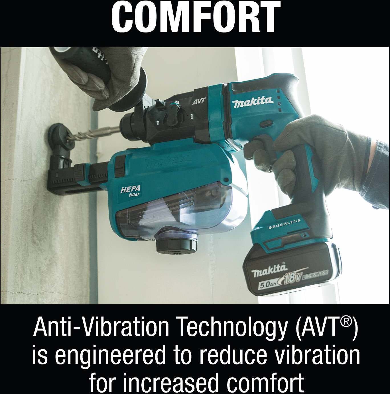 Makita XRH12TW 18V LXT Lithium-Ion Brushless Cordless 11/16" SDS-PLUS AVT Rotary Hammer Kit, w/ HEPA Dust Extractor, AWS Capable (5.0Ah)