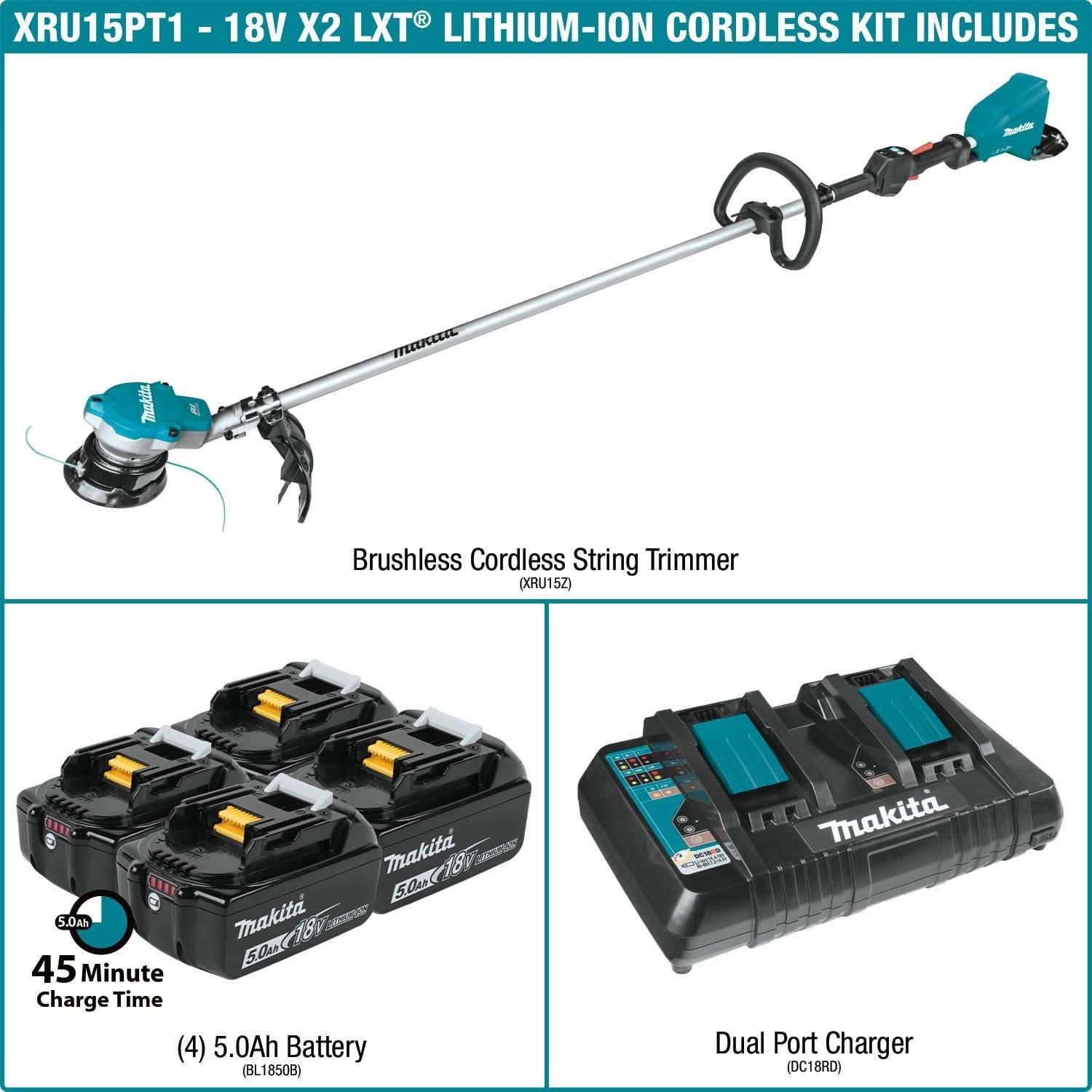 Makita 18V X2 (36V) LXT Brushless String Trimmer Kit (5.0Ah x4) w/ 18V LXT / 12V max CXT Bluetooth Speaker
