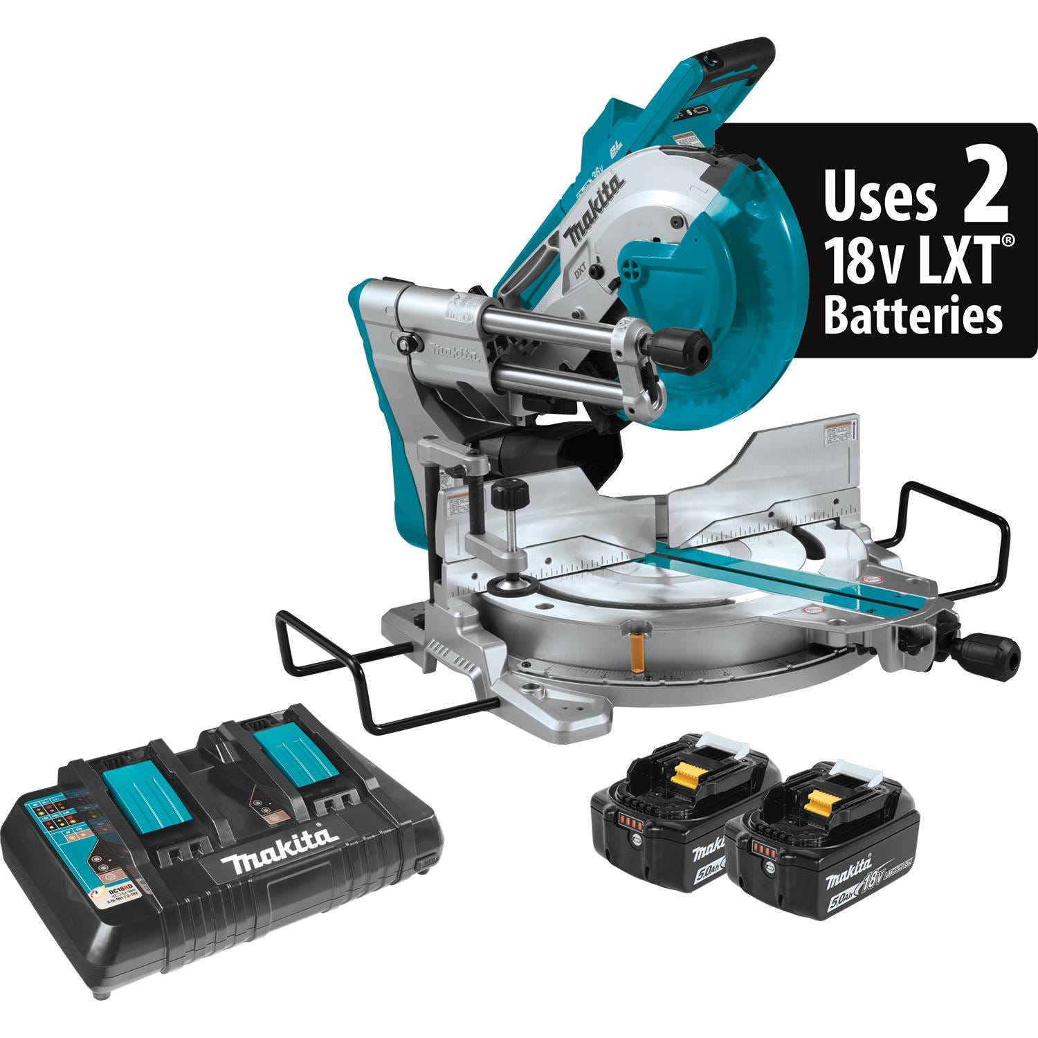 Makita XSL04PTU 36V (18V X2) LXT Brushless 10" Dual-Bevel Sliding Compound Miter Saw Kit, AWS and Laser (5.0Ah)