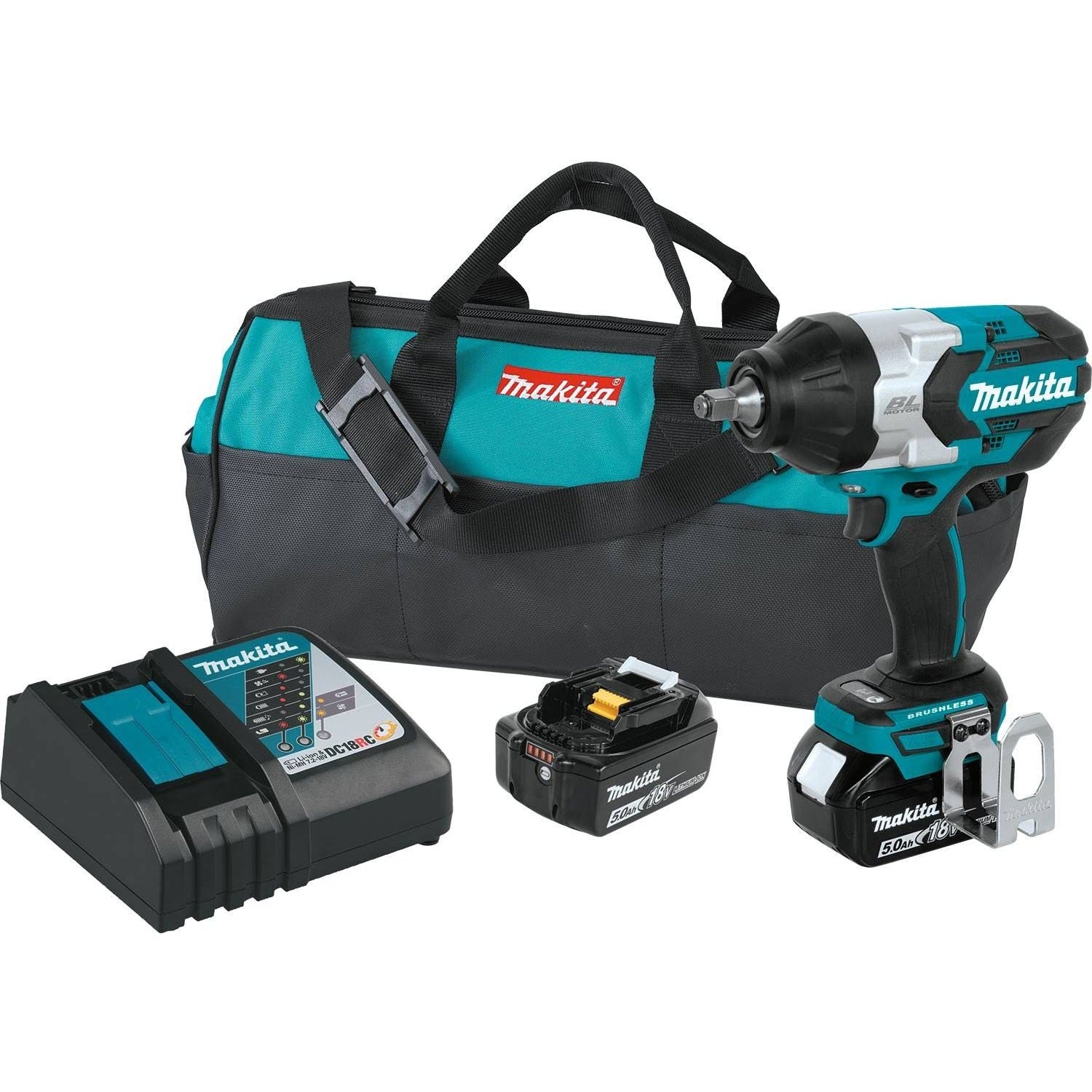Makita XWT08T 18V LXT Lithium-Ion Brushless Cordless High-Torque 1/2" Sq. Drive Impact Wrench Kit w/ Friction Ring Anvil (5.0Ah)