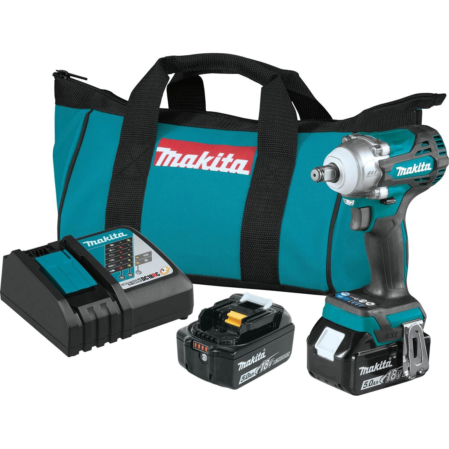 Makita XWT14T 18V LXT Lithium-Ion Brushless Cordless 4-Speed 1/2" Sq. Drive Impact Wrench Kit w/ Friction Ring Anvil (5.0Ah)