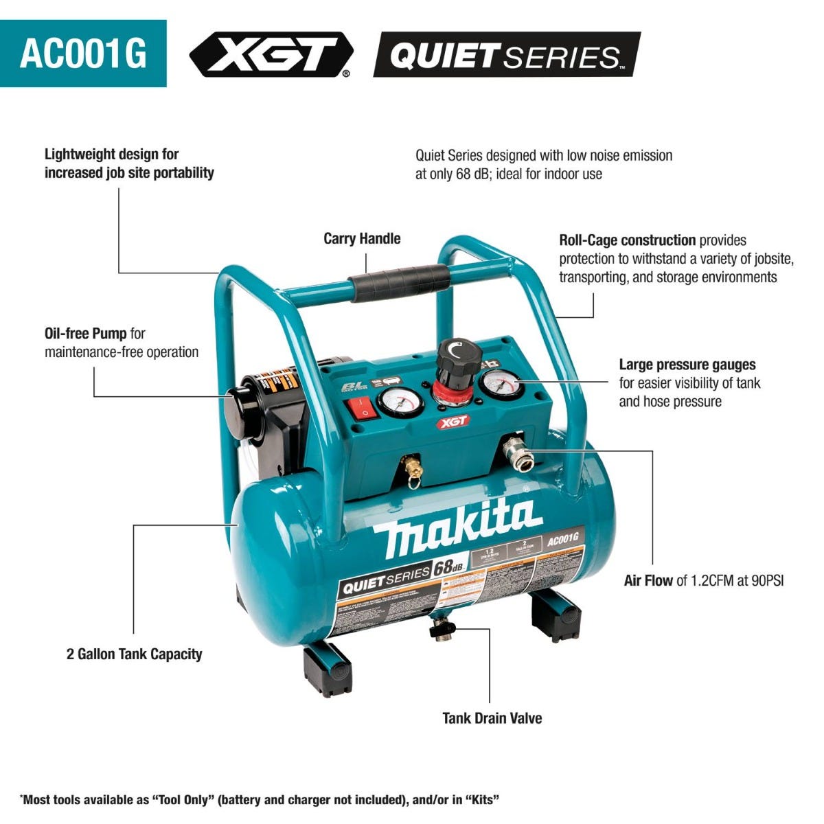 Makita AC001GM1 40V max XGT Brushless Cordless 2 Gallon Quiet Series Compressor Kit (4.0Ah)
