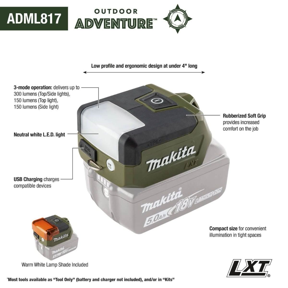 Makita ADML817 Outdoor Adventure 18V LXT Compact LED Flashlight