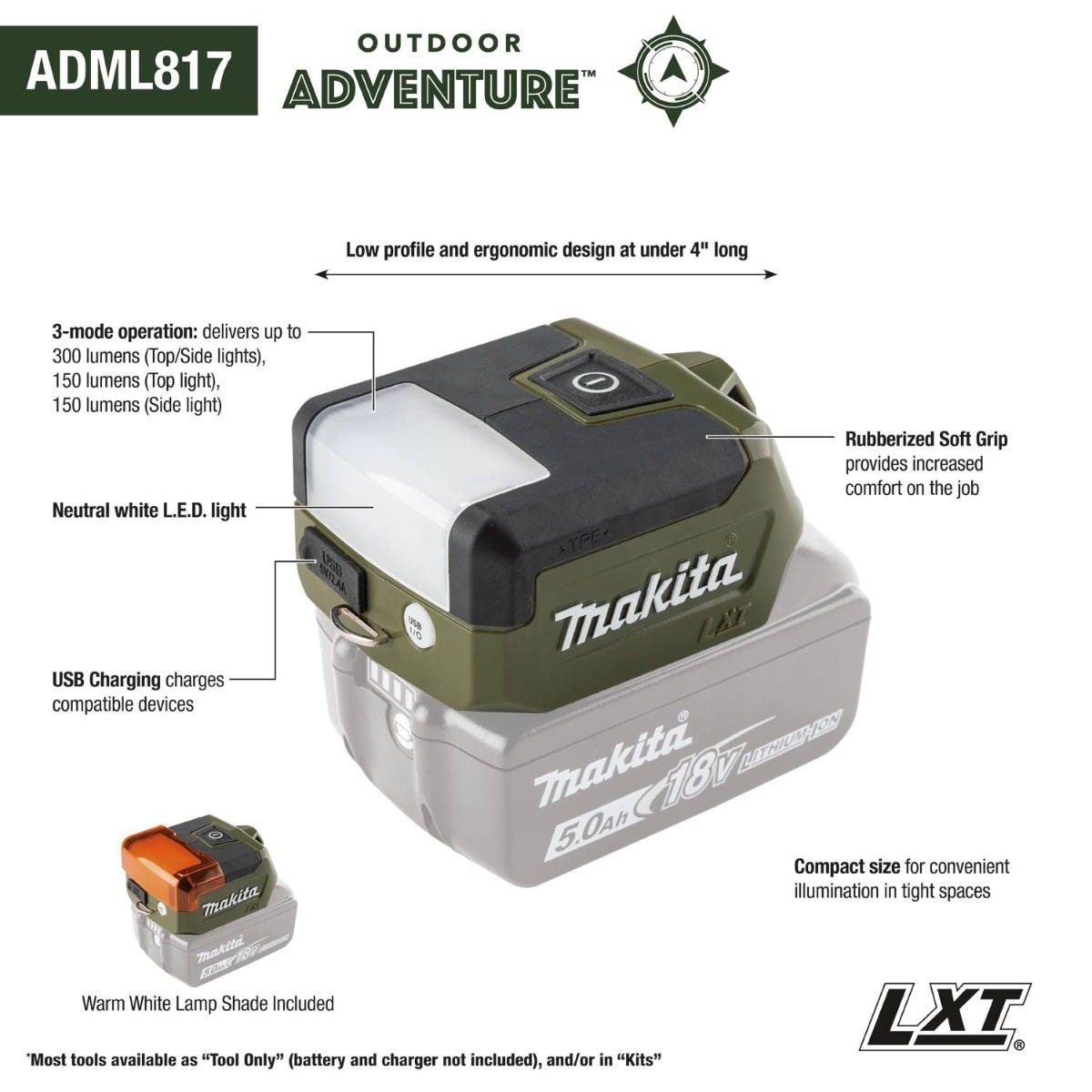Makita ADML817 Outdoor Adventure 18V LXT Compact LED Flashlight, Flashlight Only