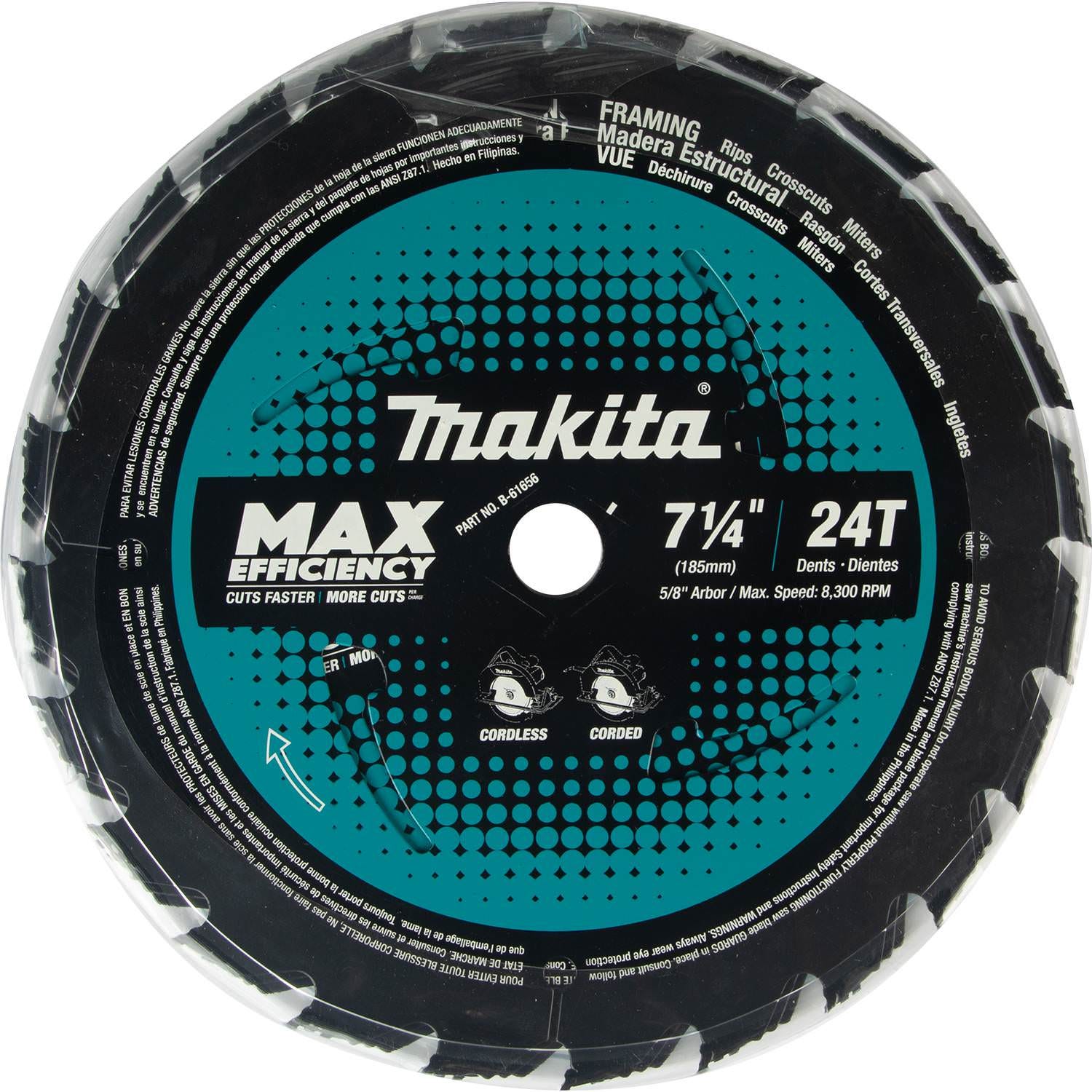 Makita B-61656-3 7-1/4" 24T Carbide-Tipped Max Efficiency Circular Saw Blade, Framing, 3/pk