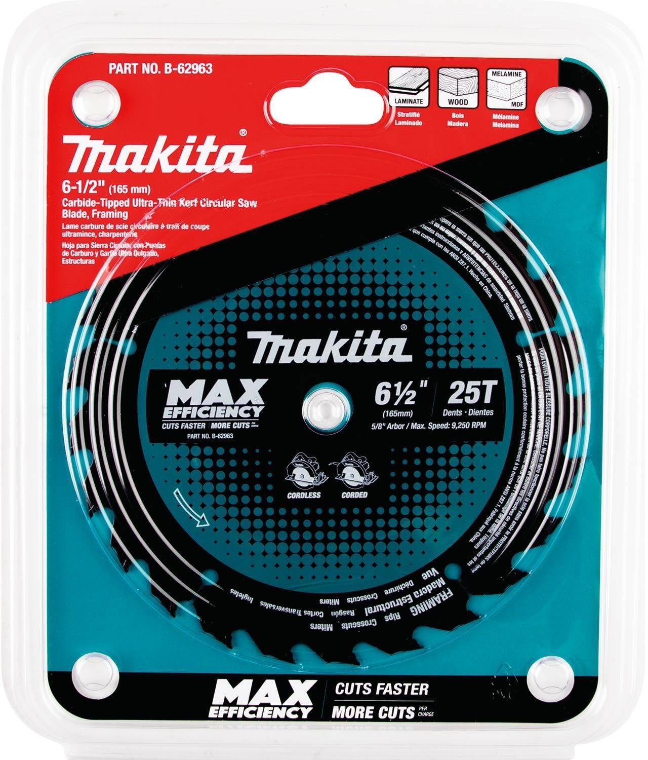 Makita B-62963 6-1/2" 25T Carbide-Tipped Max Efficiency Circular Saw Blade, Framing