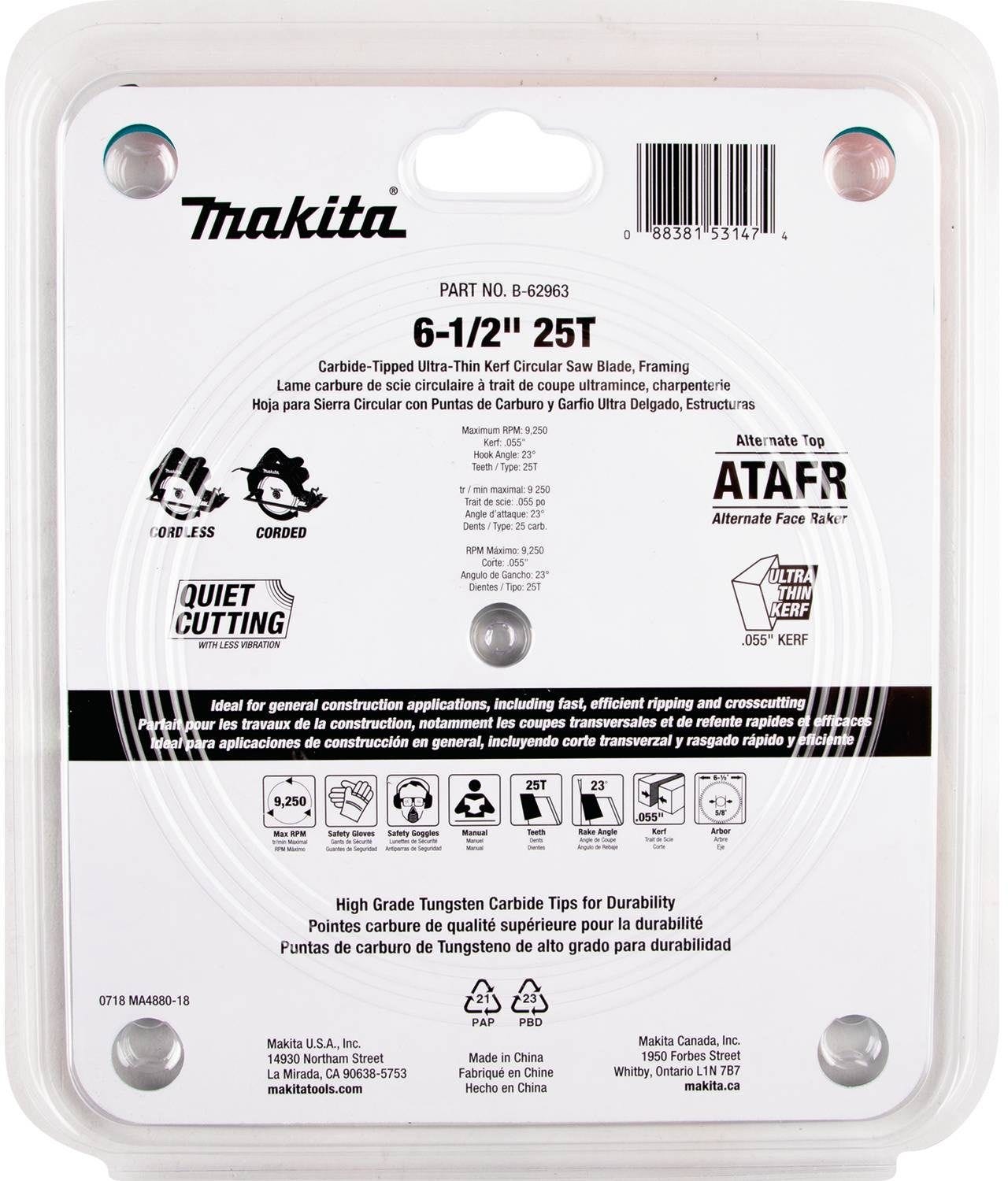 Makita B-62963 6-1/2" 25T Carbide-Tipped Max Efficiency Circular Saw Blade, Framing