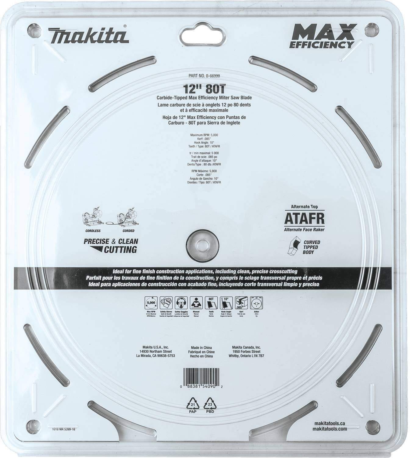 Makita B-66999 12" 80T Carbide-Tipped Max Efficiency Miter Saw Blade