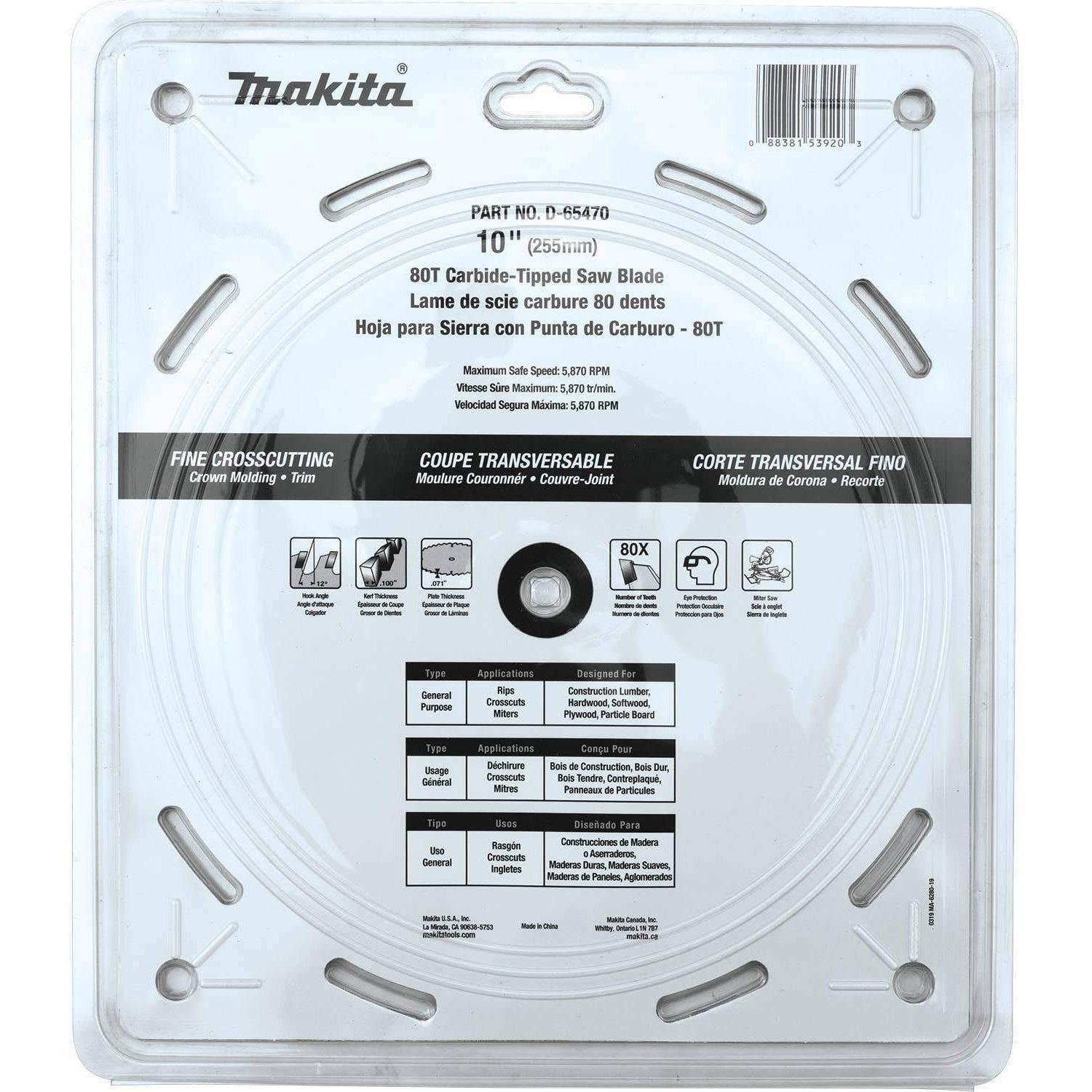 Makita D-65470 10" 80T Micro-Polished Miter Saw Blade, Fine Crosscutting