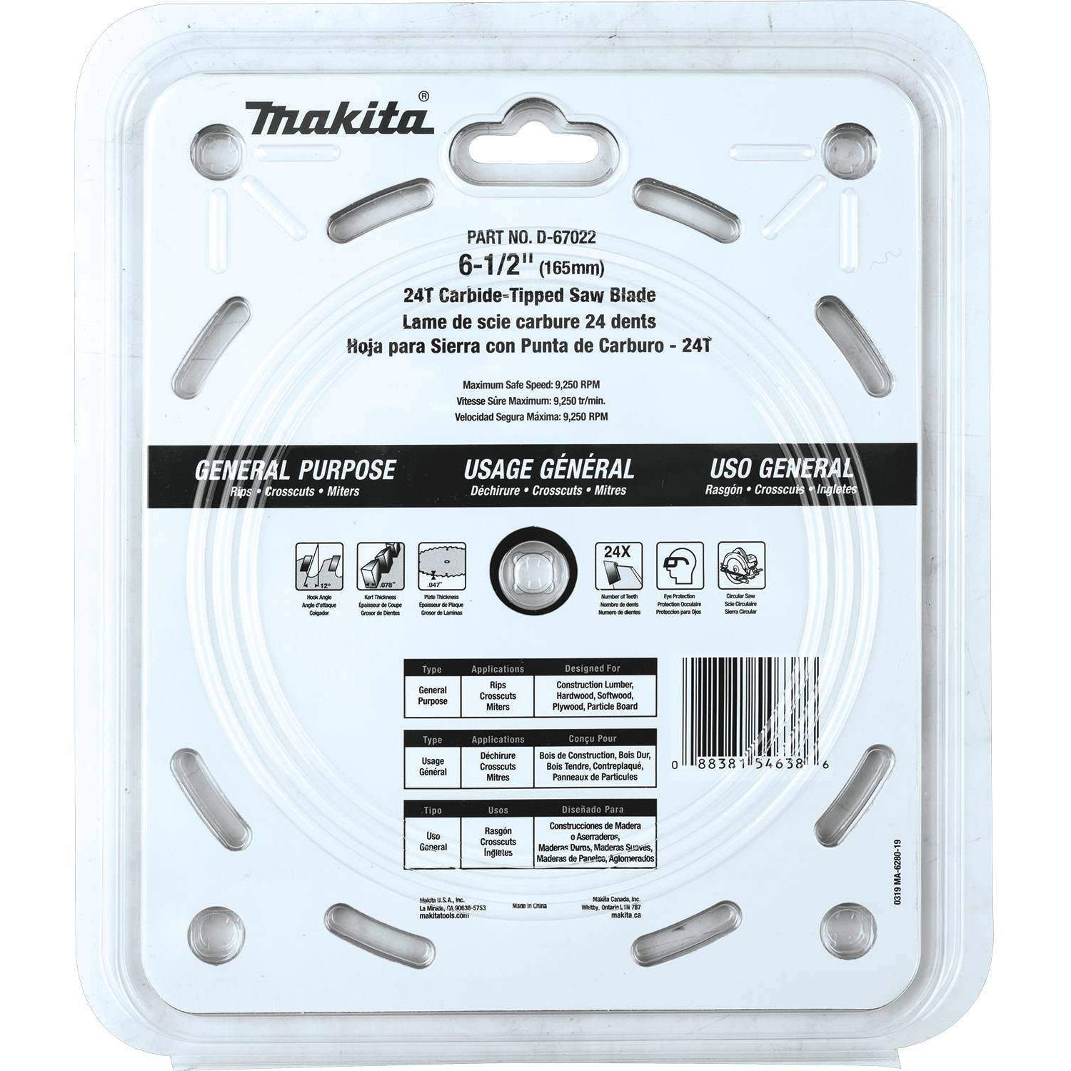 Makita D-67022 6-1/2" 24T Carbide-Tipped Circular Saw Blade, General Purpose