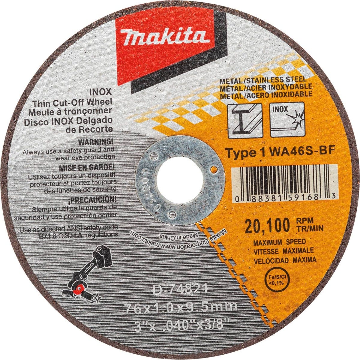 Makita D-74821-5 3" x .040" x 3/8" Type 1 General Purpose 46 Grit Thin Cut"‘Off Wheel for Metal and Stainless Steel Cutting, 5/pk