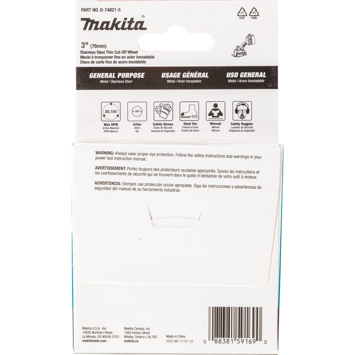 Makita D-74821-5 3" x .040" x 3/8" Type 1 General Purpose 46 Grit Thin Cut"‘Off Wheel for Metal and Stainless Steel Cutting, 5/pk