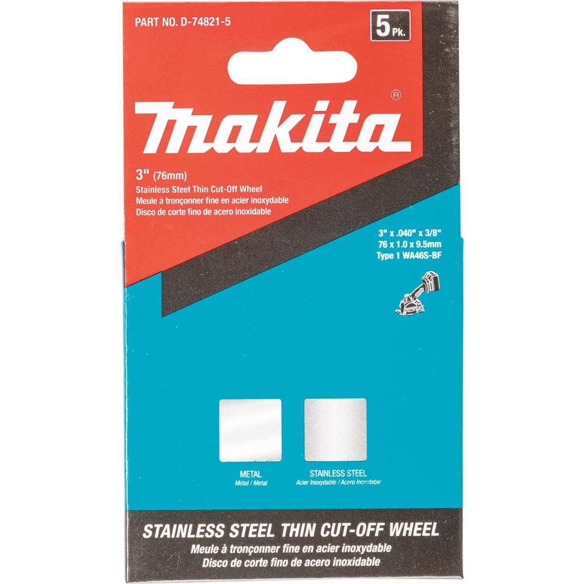 Makita D-74821-5 3" x .040" x 3/8" Type 1 General Purpose 46 Grit Thin Cut"‘Off Wheel for Metal and Stainless Steel Cutting, 5/pk