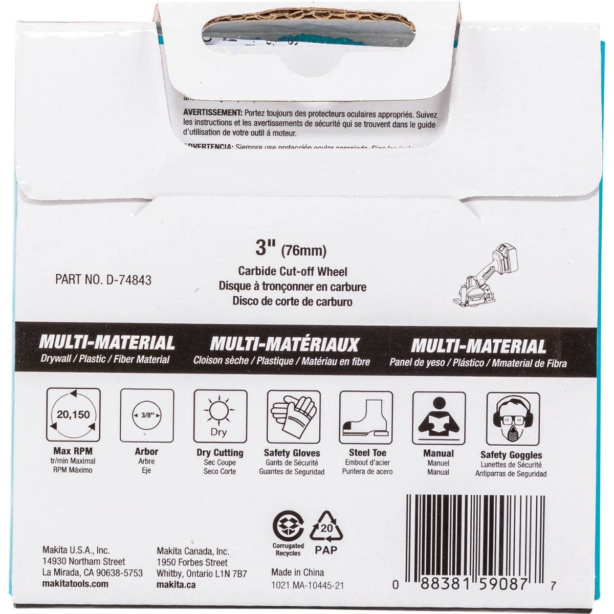 Makita D-74843 3" Carbide Grit Abrasive Multi-Material Cut-Off Wheel
