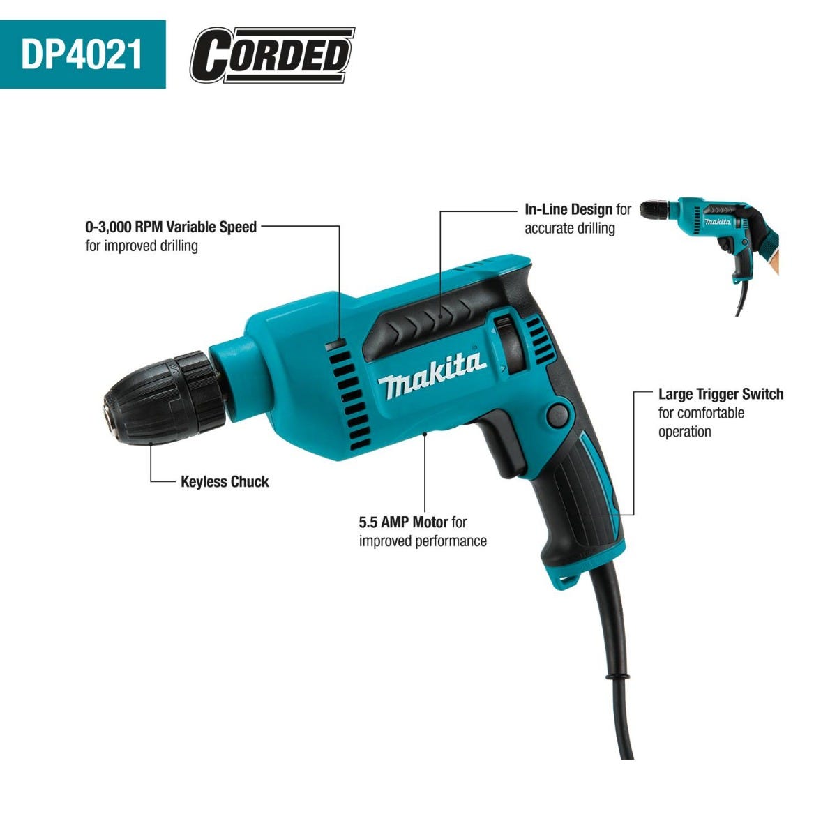Makita DP4021 1/2" Drill with Keyless Chuck