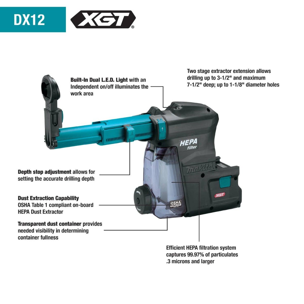 Makita DX12 Dust Extractor Attachment with HEPA Filter Cleaning Mechanism