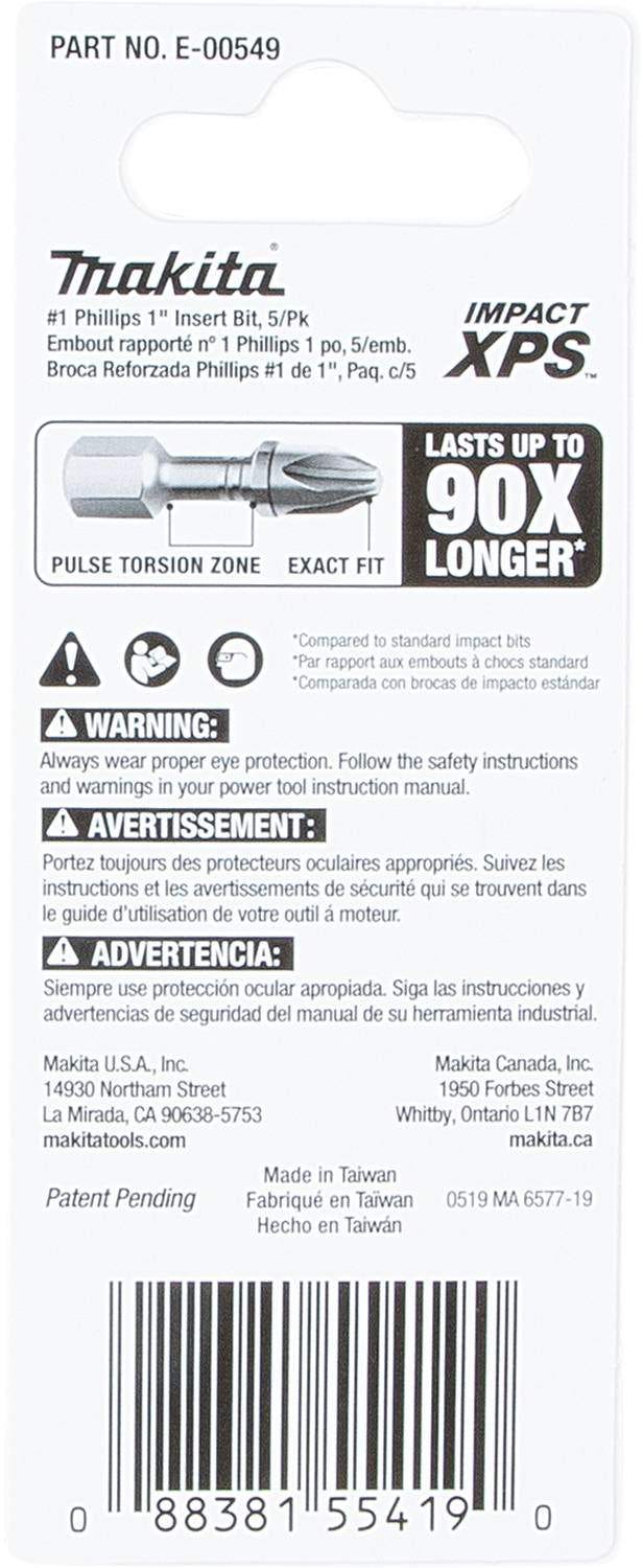 Makita E-00549 Impact XPS #1 Phillips 1" Insert Bit, 5/pk