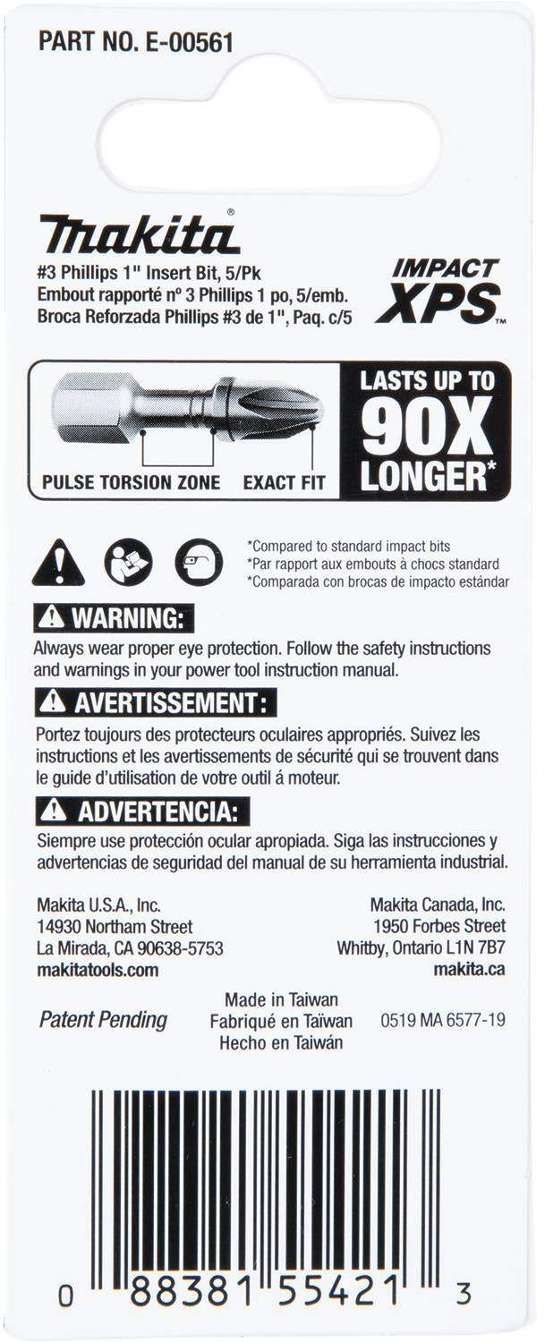 Makita E-00561 Impact XPS #3 Phillips 1" Insert Bit, 5/pk