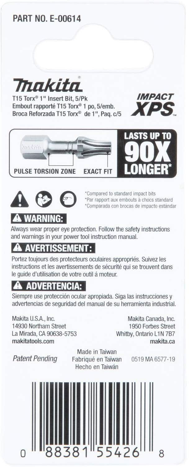 Makita E-00614 Impact XPS T15 Torx 1" Insert Bit, 5/pk