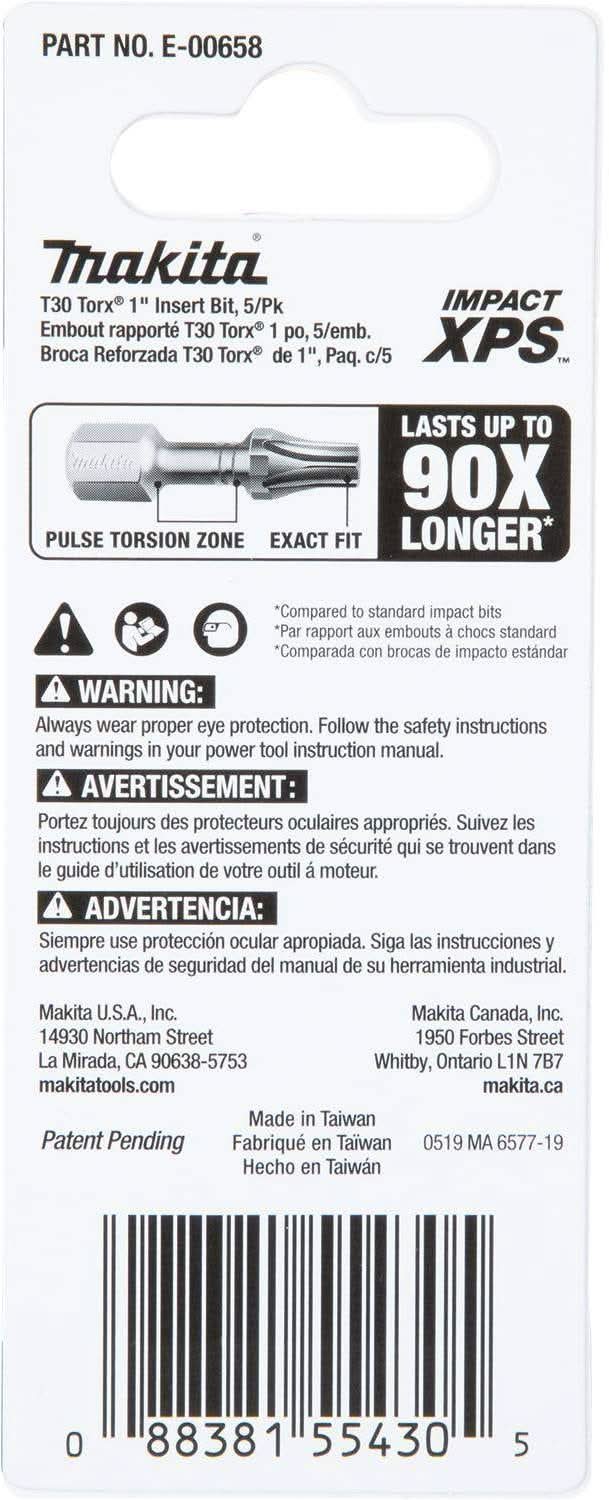 Makita E-00658 Impact XPS T30 Torx 1" Insert Bit, 5/pk