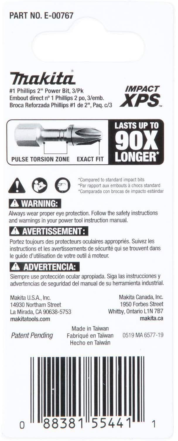 Makita E-00767 Impact XPS #1 Phillips 2" Power Bit, 3/pk