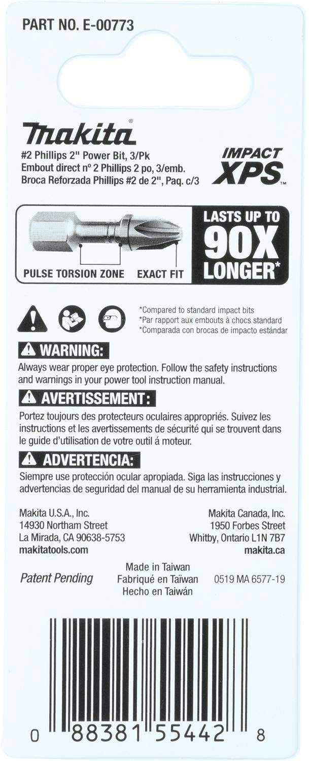 Makita E-00773 Impact XPS #2 Phillips 2" Power Bit, 3/pk