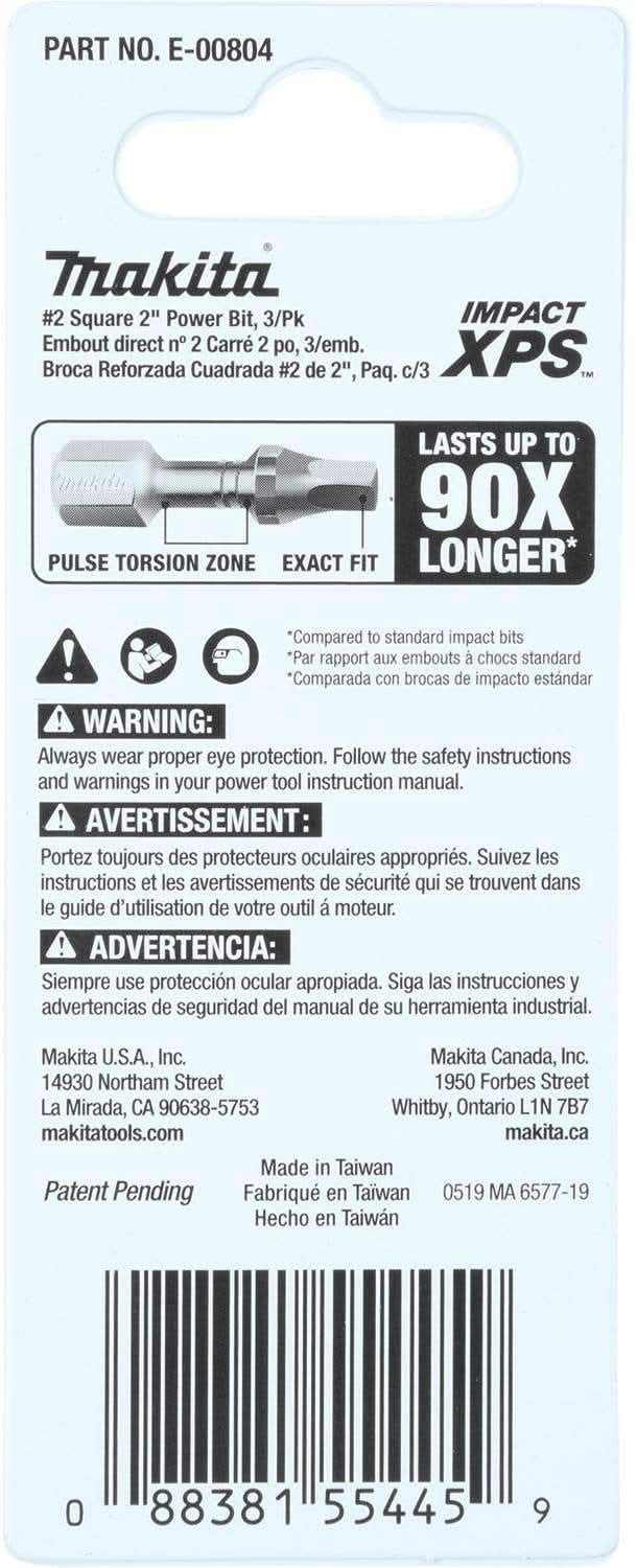 Makita E-00804 Impact XPS #2 Square 2" Power Bit, 3/pk