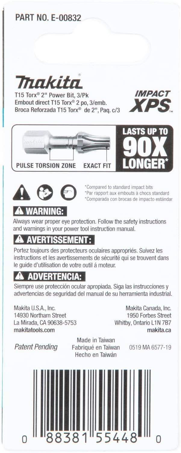Makita E-00832 Impact XPS T15 Torx 2" Power Bit, 3/pk